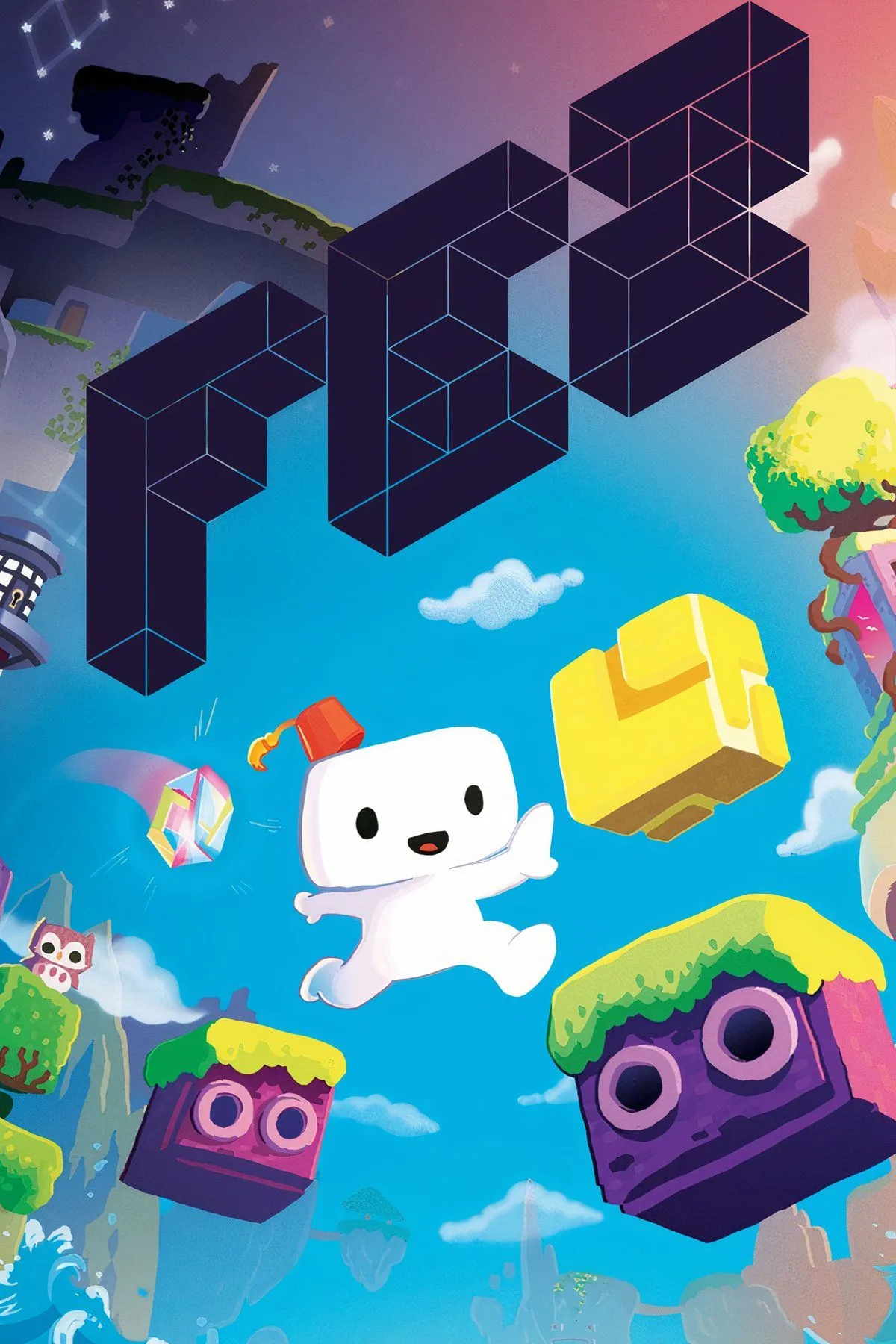 Nhân vật Gomez trong Fez, đứng giữa một thế giới pixelated đa chiều.