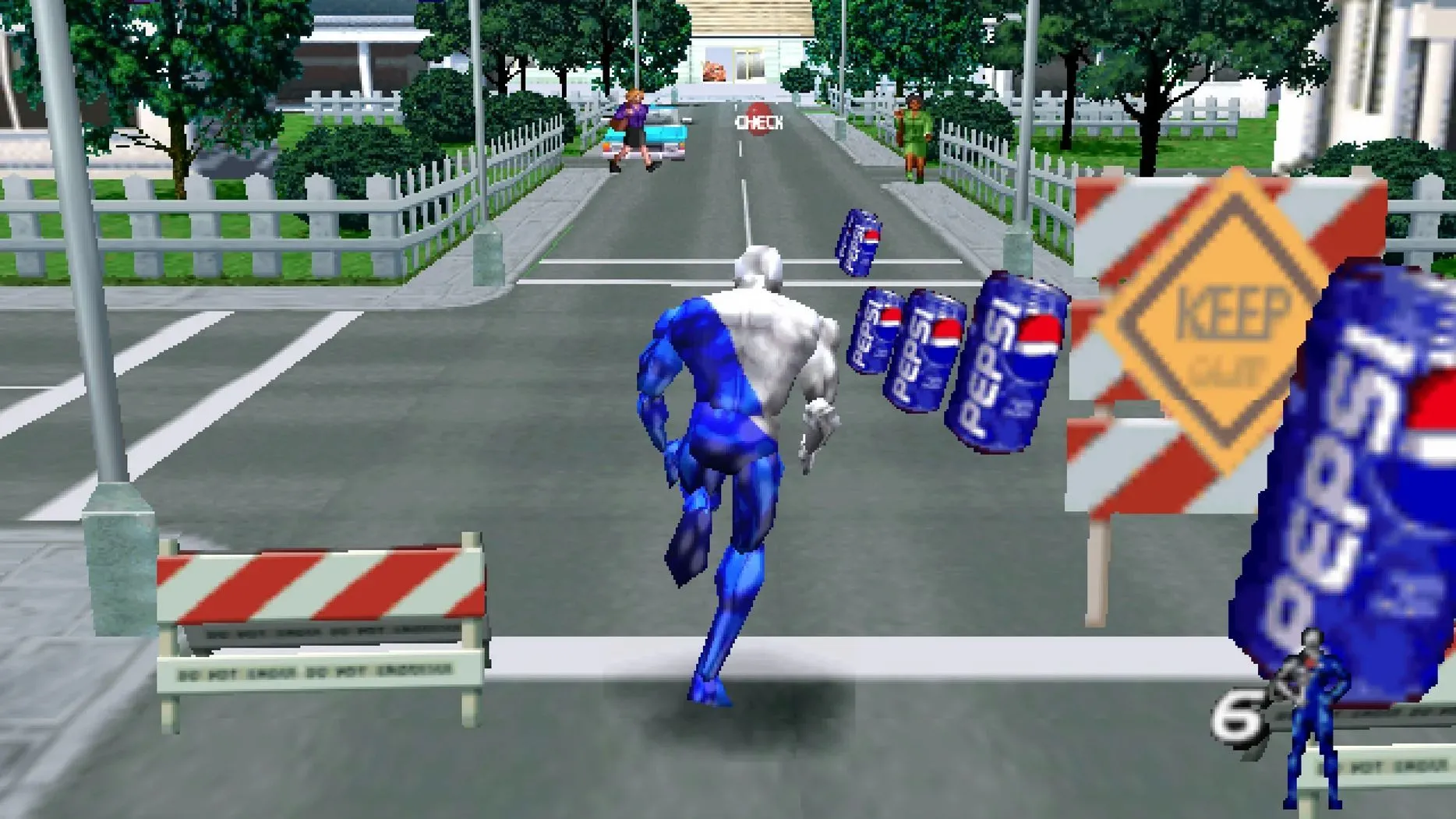 Nhân vật Pepsiman đang chạy và thu thập lon Pepsi trên đường phố, minh họa gameplay tốc độ cao của game infinite runner.