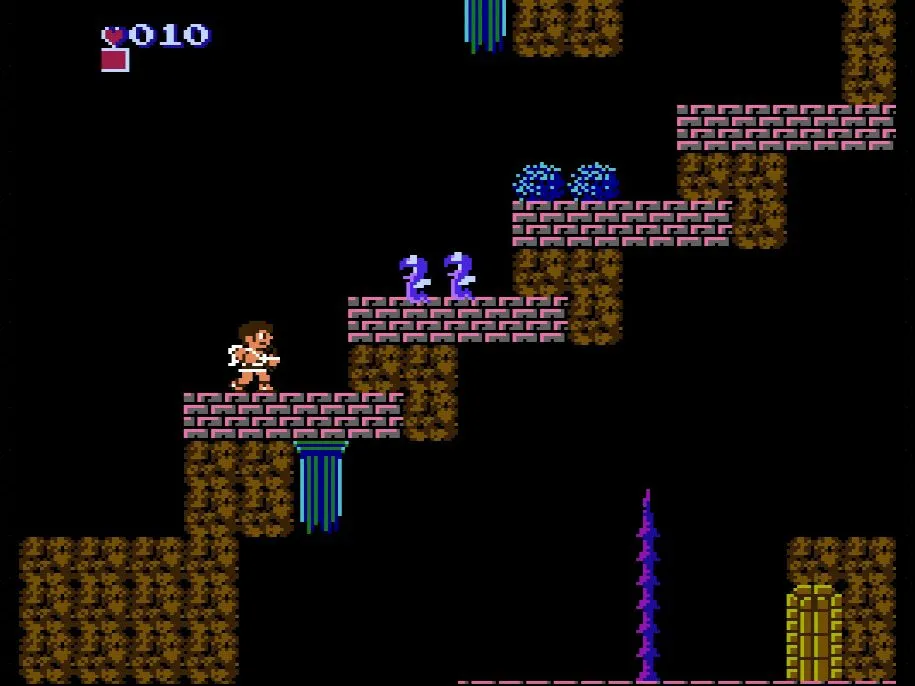 Nhân vật Pit bắn cung trong một màn chơi dọc của game Kid Icarus trên máy NES.