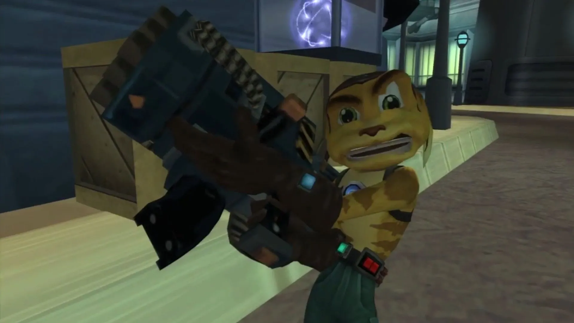 Nhân vật Ratchet đang cầm khẩu súng phóng lựu RYNO với sức mạnh hủy diệt trong game Ratchet &amp; Clank