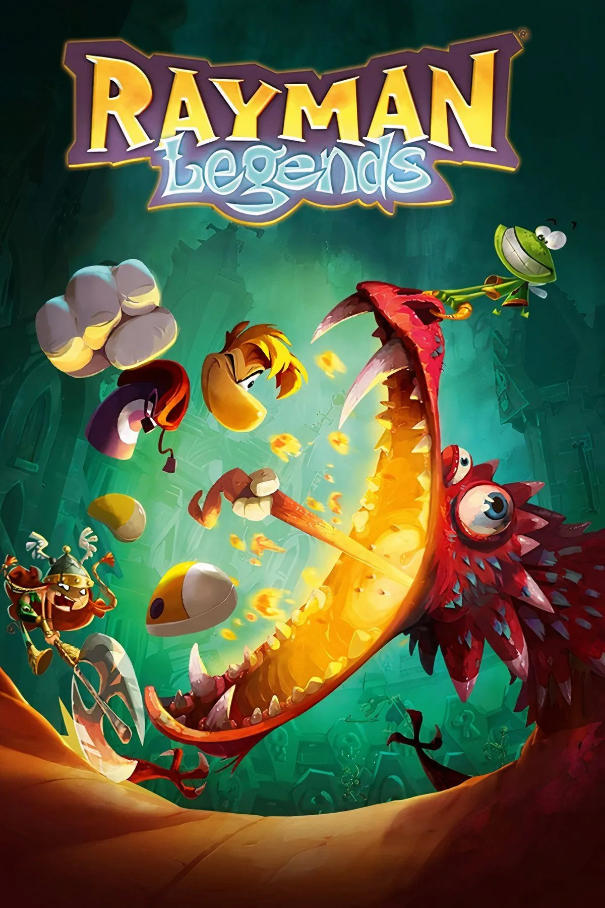 Nhân vật Rayman và Globox trong màn chơi âm nhạc đầy màu sắc của Rayman Legends, một tựa game platformer với đồ họa và lối chơi sáng tạo.