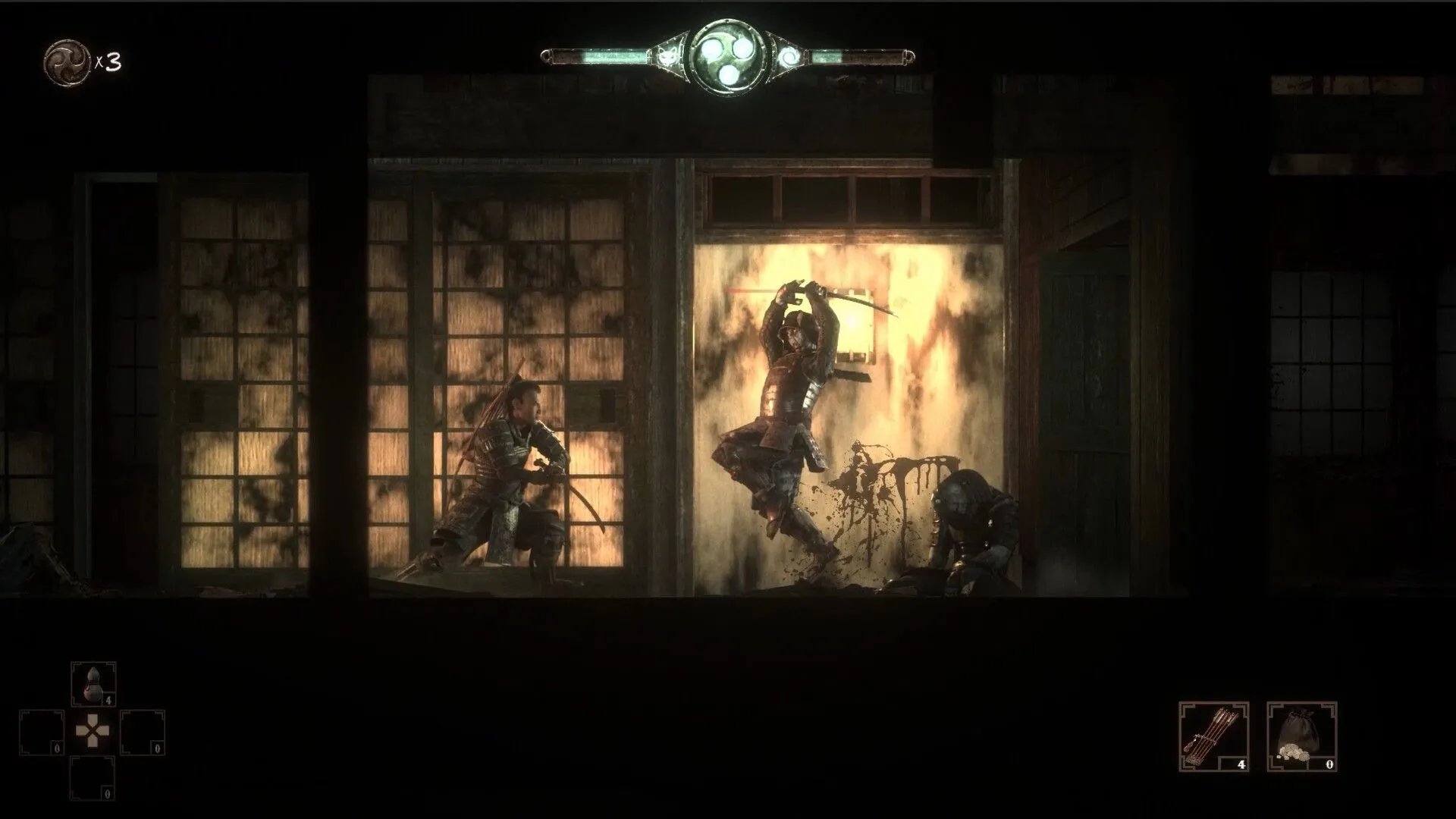 Nhân vật samurai chiến đấu với một quỷ Oni trong game The Spirit of the Samurai, nổi bật với phong cách hoạt hình tĩnh vật độc đáo.
