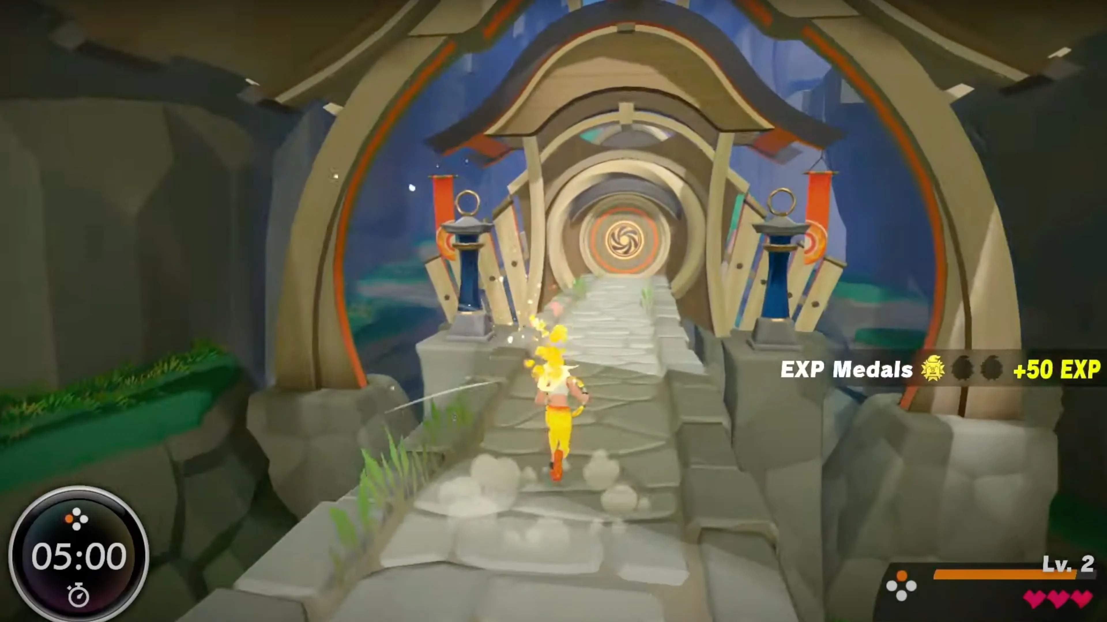 Nhân vật trong Ring Fit Adventure đang chạy qua cầu, minh họa yếu tố phiêu lưu trong game tập luyện.