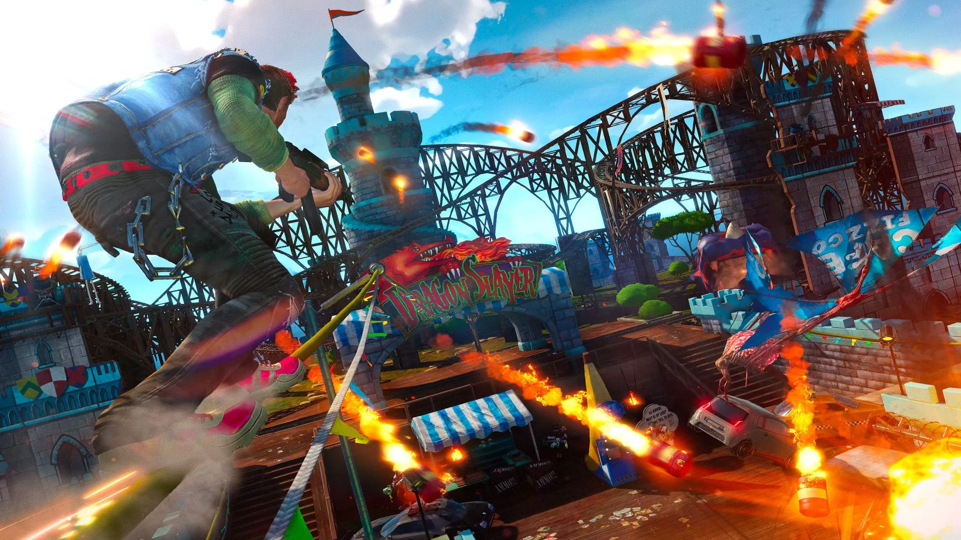 Nhân vật trong Sunset Overdrive thực hiện pha trượt trên đường ray đầy phong cách.