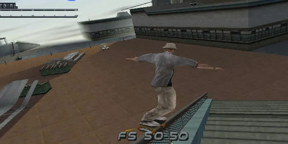 Nhân vật trượt ván đang thực hiện cú grinding trên đường ray trong game Tony Hawk's Pro Skater 2 trên PS1