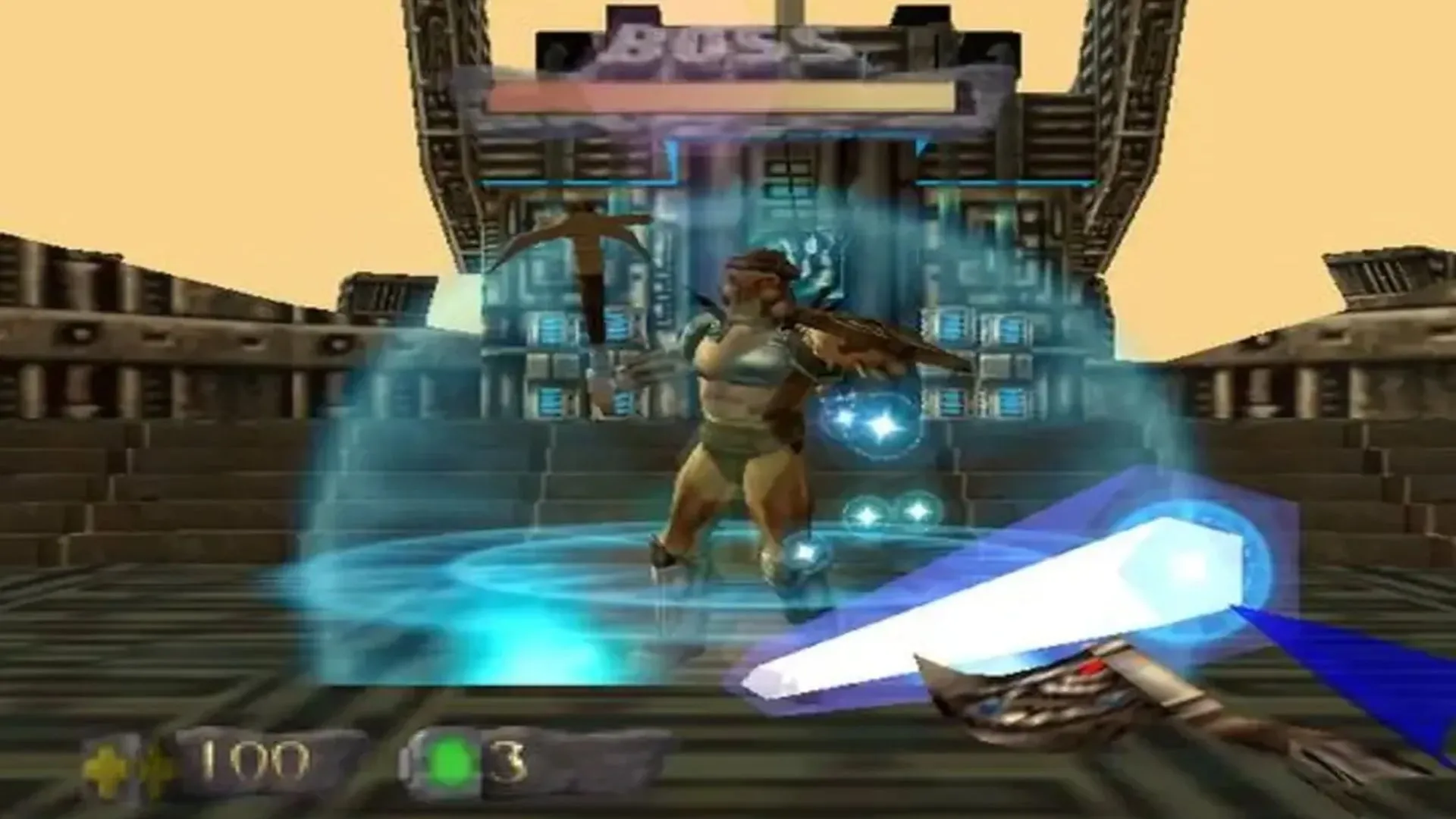 Nhân vật Turok cầm khẩu súng Chronoscepter cổ đại trong game Turok: Dinosaur Hunter