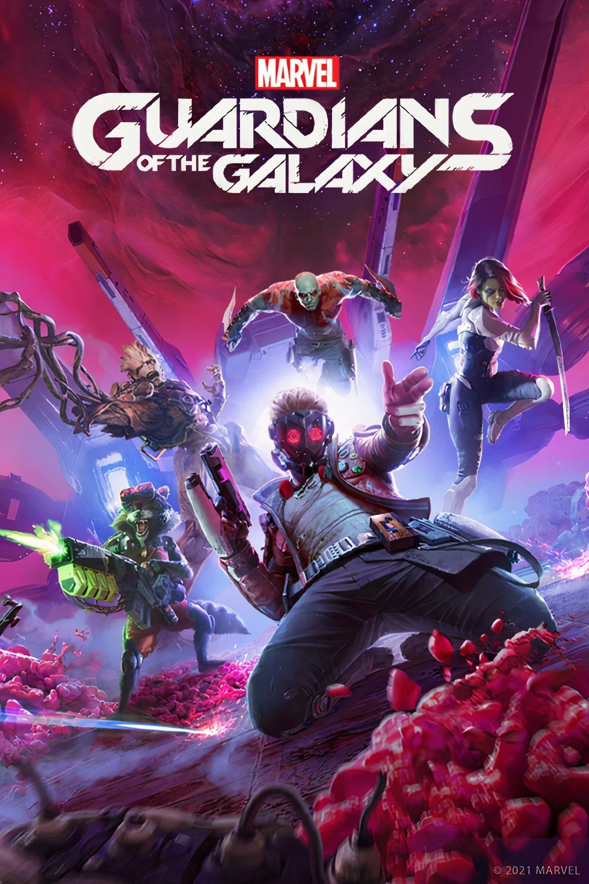 Nhóm Guardians of the Galaxy trong game, thể hiện đồ họa và nhân vật chính của tựa game phiêu lưu hành động Marvel