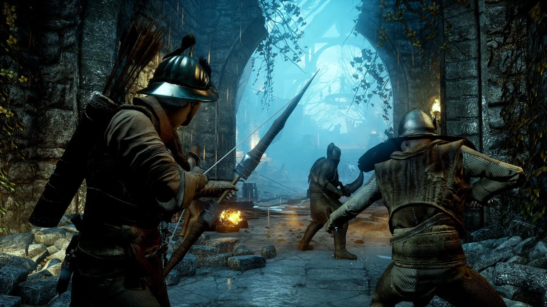 Nhóm nhân vật đang chiến đấu với quái vật trong Dragon Age: Inquisition