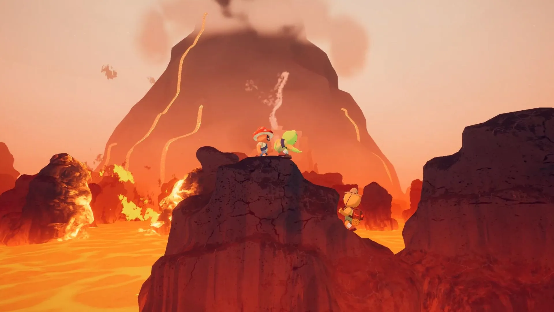 Những người chơi game Peak đang vượt qua khu vực đá dung nham nóng chảy, minh họa các thử thách môi trường khắc nghiệt trong game.