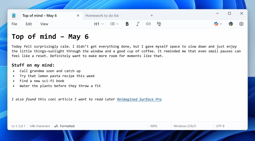 Notepad trên Windows 11 với tính năng định dạng văn bản mới được bật