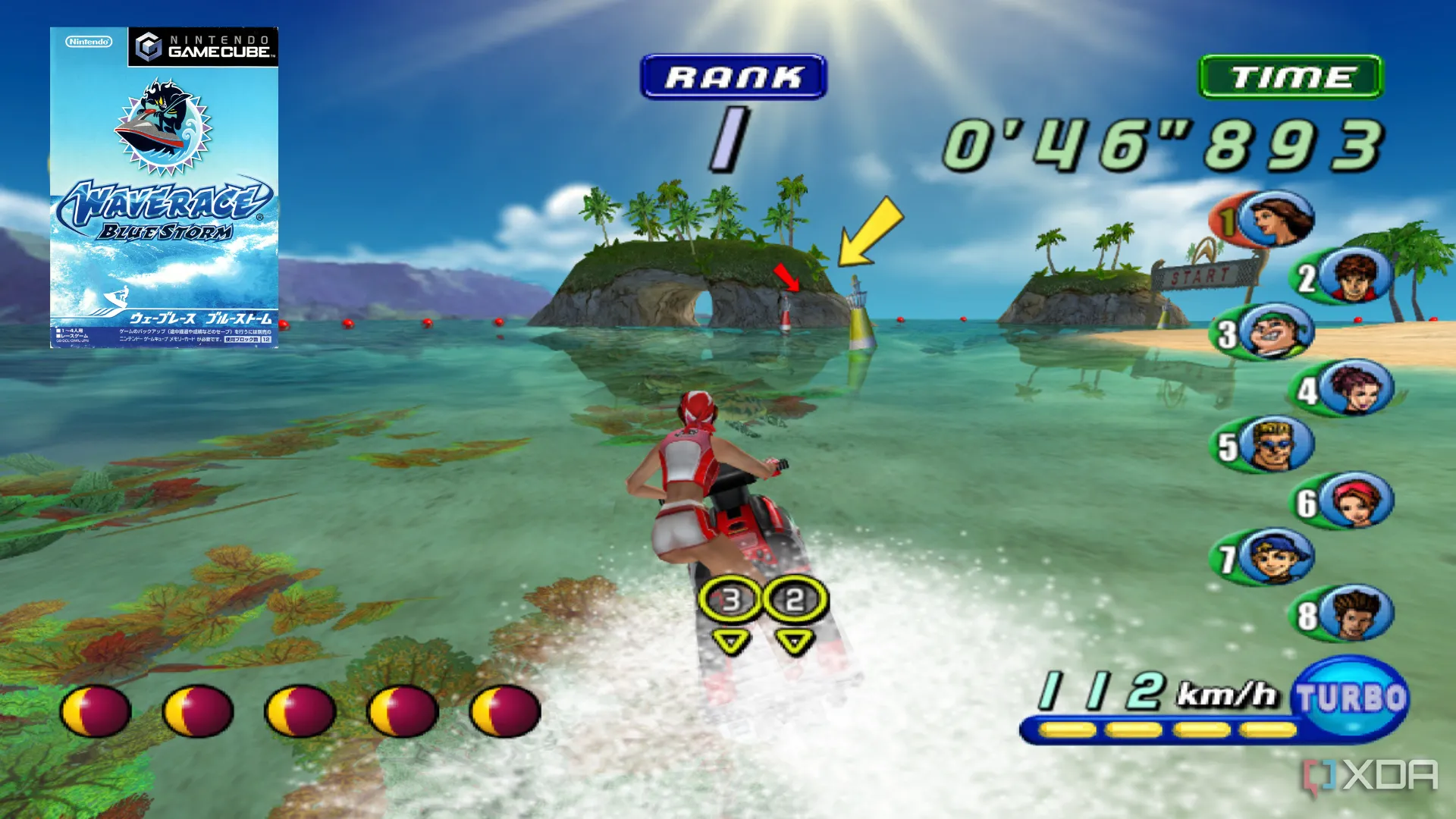 Nữ tay đua lướt sóng trên mô tô nước trong game Wave Race Blue Storm trên GameCube
