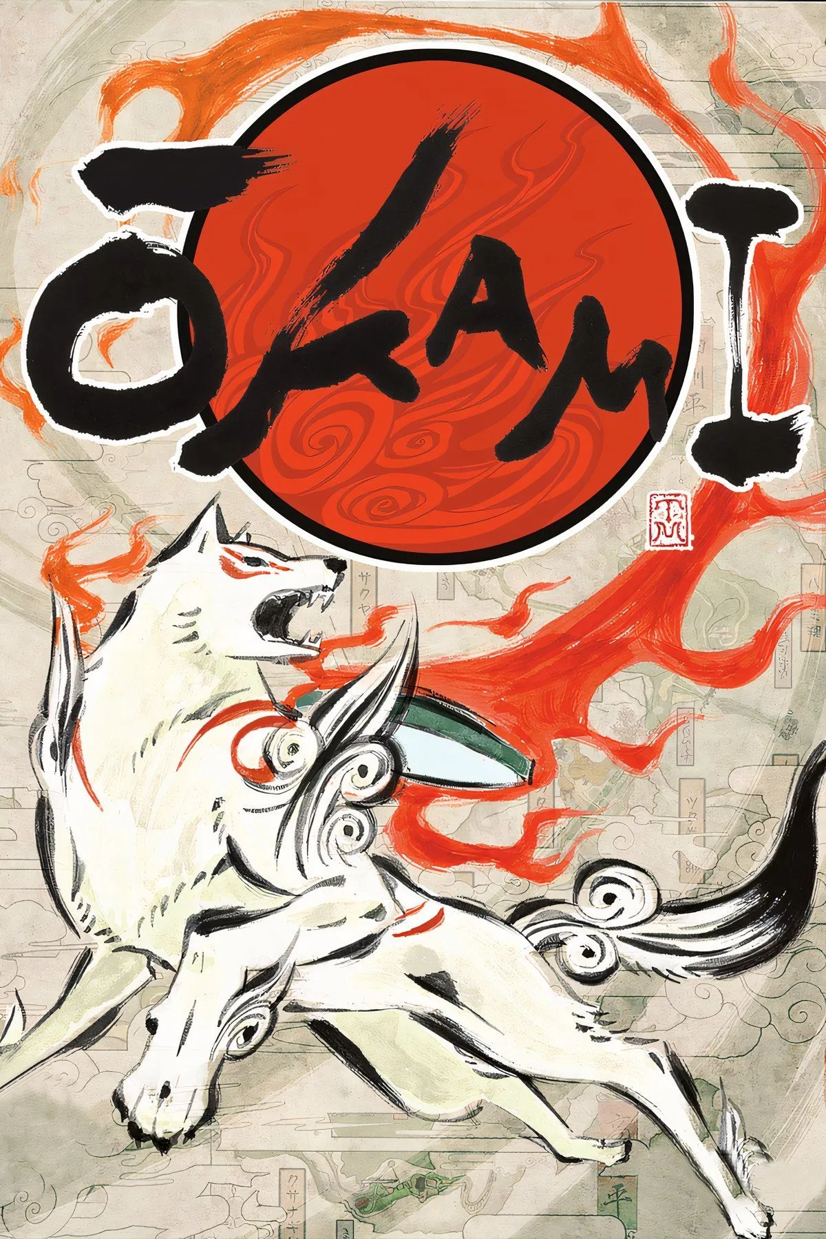 Nữ thần Amaterasu trong hình hài chó sói trắng với nét vẽ cọ mực độc đáo, đại diện cho phong cách nghệ thuật tuyệt đẹp của game Okami.