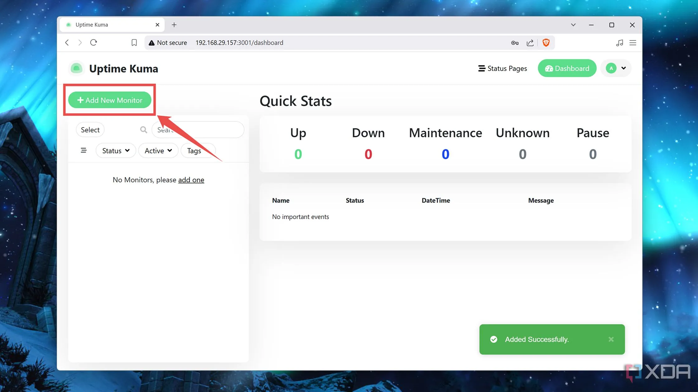 Nút &quot;Add New Monitor&quot; trên Dashboard của Uptime Kuma để thêm dịch vụ cần giám sát.