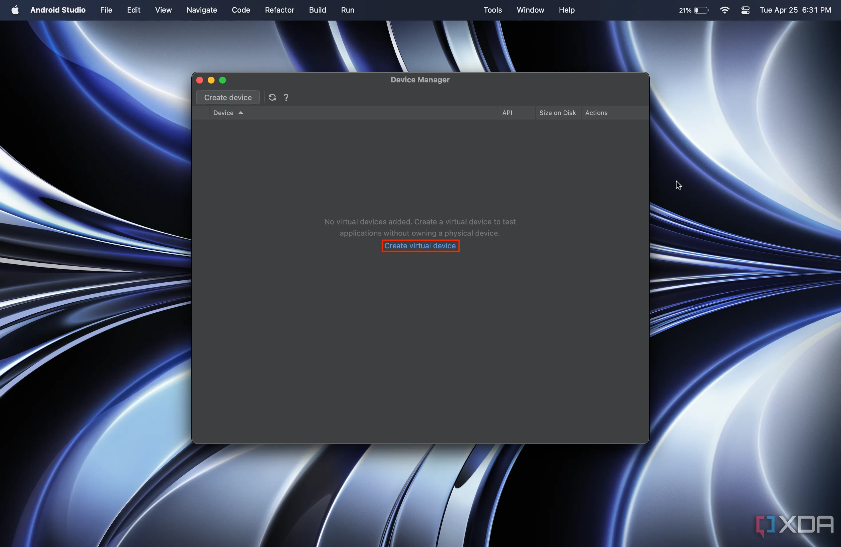 Nút Create virtual device trong Android Studio để bắt đầu tạo thiết bị Android mới