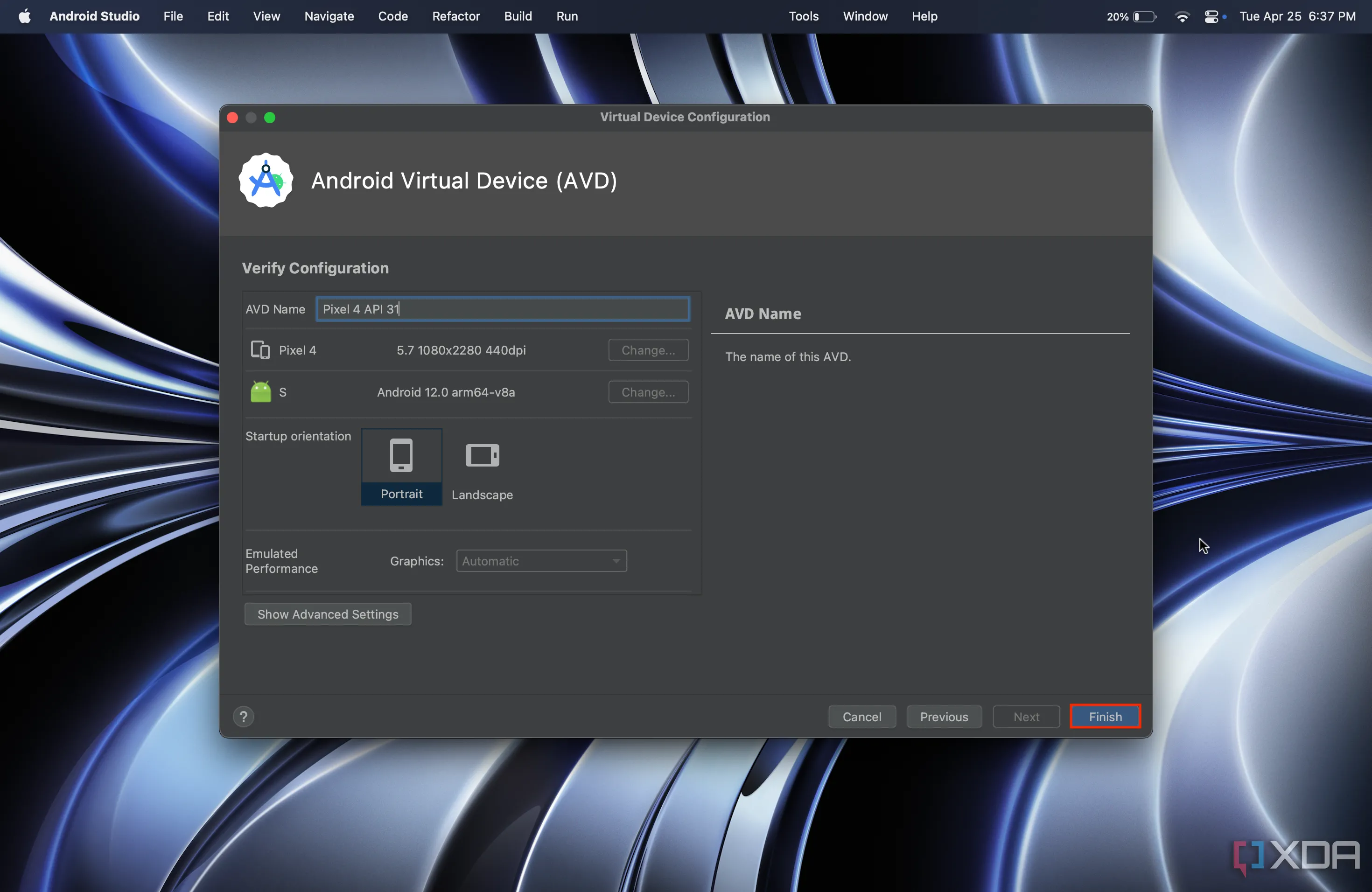 Nút Finish để hoàn tất việc tạo thiết bị Android ảo trong Android Studio