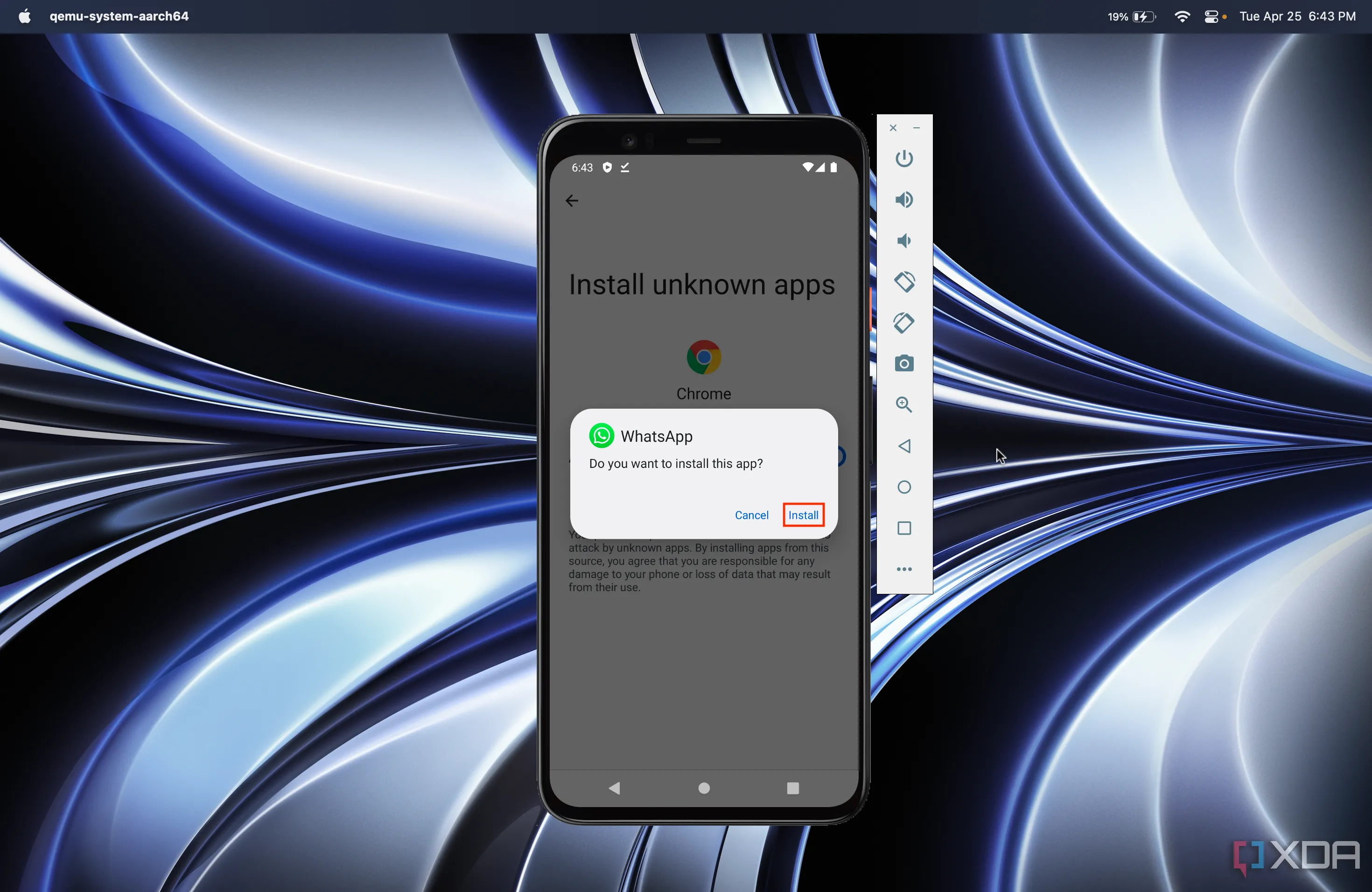 Nút Install cho tệp APK WhatsApp được tải xuống từ trình duyệt Chrome trên thiết bị ảo
