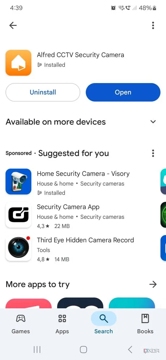 Nút &quot;Mở&quot; ứng dụng Alfred Security trên cửa hàng Google Play sau khi cài đặt thành công