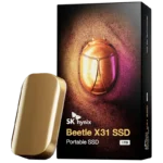 Ổ cứng SSD di động SK hynix Beetle X31 màu vàng đồng, thiết kế nhỏ gọn và sang trọng.