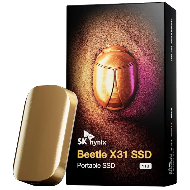 Ổ cứng SSD di động SK hynix Beetle X31 màu vàng đồng, thiết kế nhỏ gọn và sang trọng.