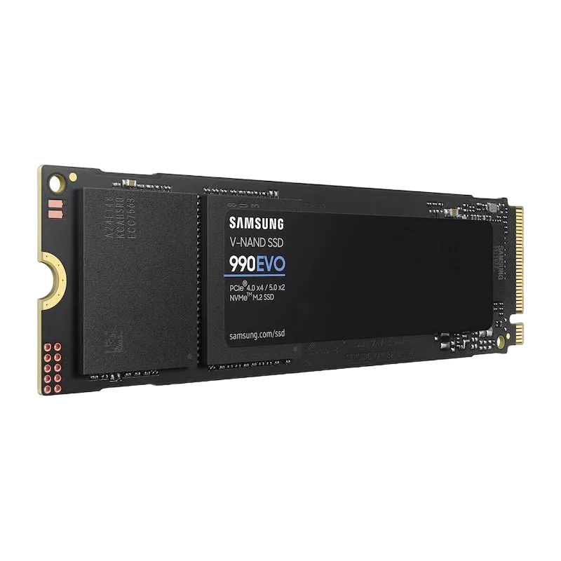 Ổ cứng SSD Samsung 990 Evo trên nền trắng trong suốt, thể hiện thiết kế M.2 NVMe nhỏ gọn và hiện đại