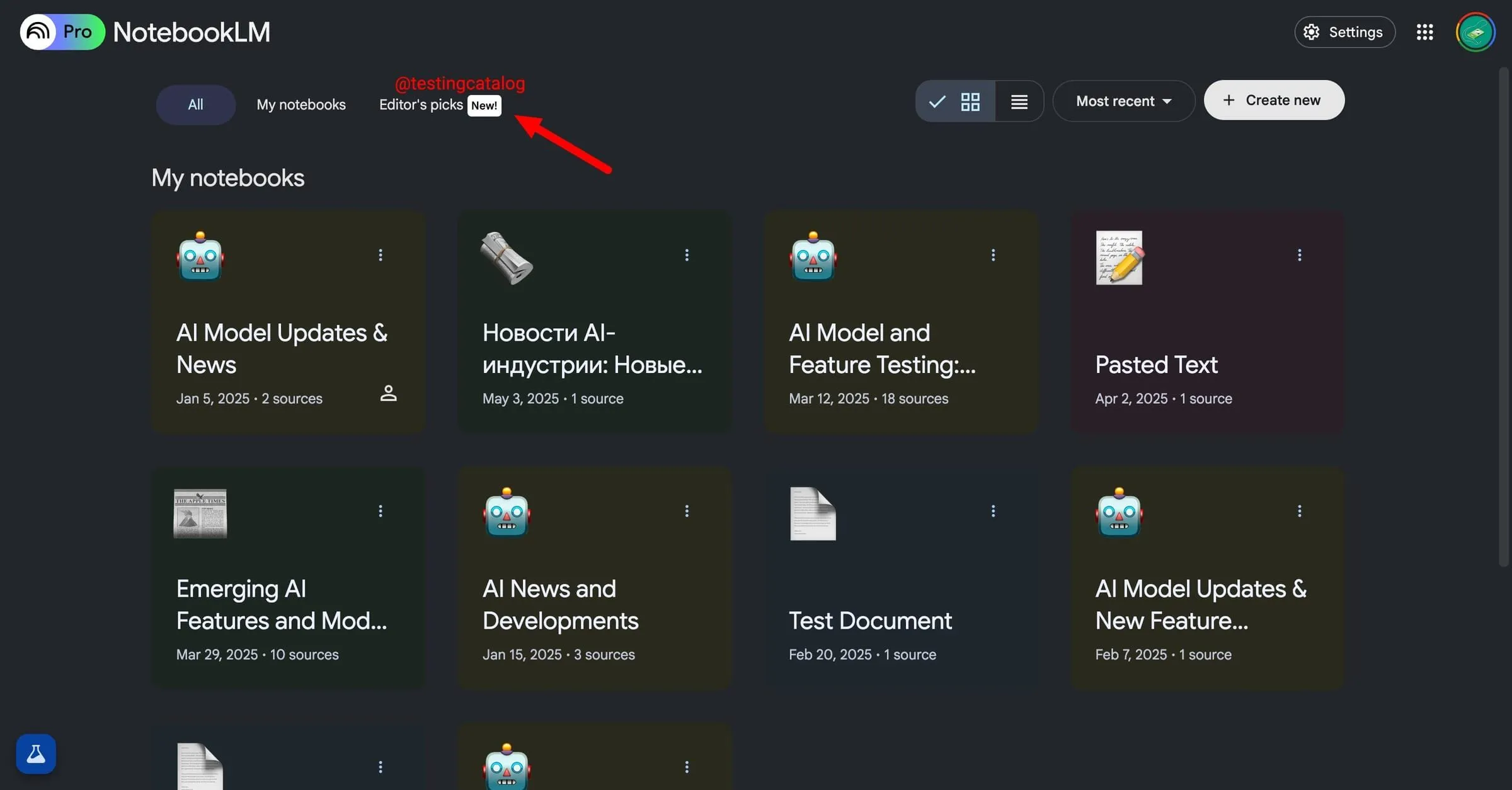 Phần Editor's Picks mới trên trang chủ NotebookLM, gợi ý các ghi chú nổi bật và công khai.