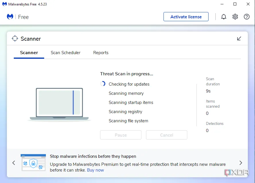 Phần mềm chống virus Malwarebytes đang chạy quét toàn bộ hệ thống máy tính để phát hiện và loại bỏ các mối đe dọa, bao gồm phần mềm gián điệp webcam.