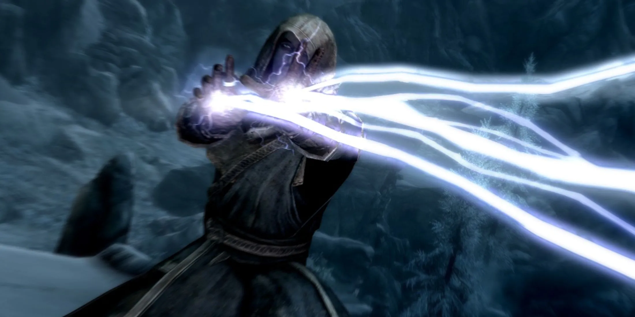 Pháp sư thi triển phép thuật trong Skyrim, minh họa sự đa dạng trong lối chơi và hệ thống kỹ năng của game RPG này.