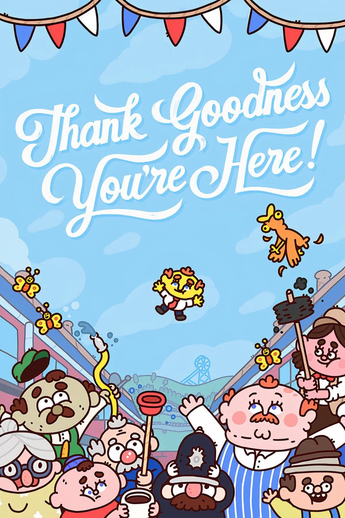 Phong cách đồ họa hoạt hình vui nhộn trong Thank Goodness You're Here!, game hài kịch