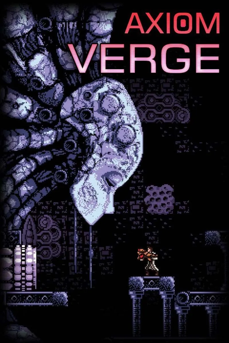 Phong cách đồ họa pixel art đặc trưng và không khí khoa học viễn tưởng u ám của tựa game Metroidvania Axiom Verge.