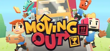 Poster game Moving Out với nhân vật hoạt hình chuyển đồ đạc