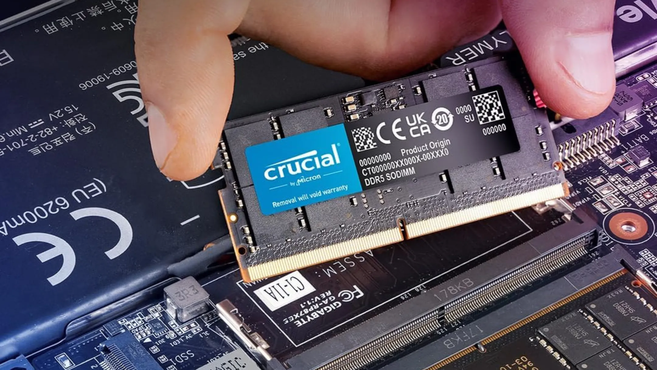 RAM DDR5 Crucial 64GB đang được lắp đặt trong khe cắm laptop