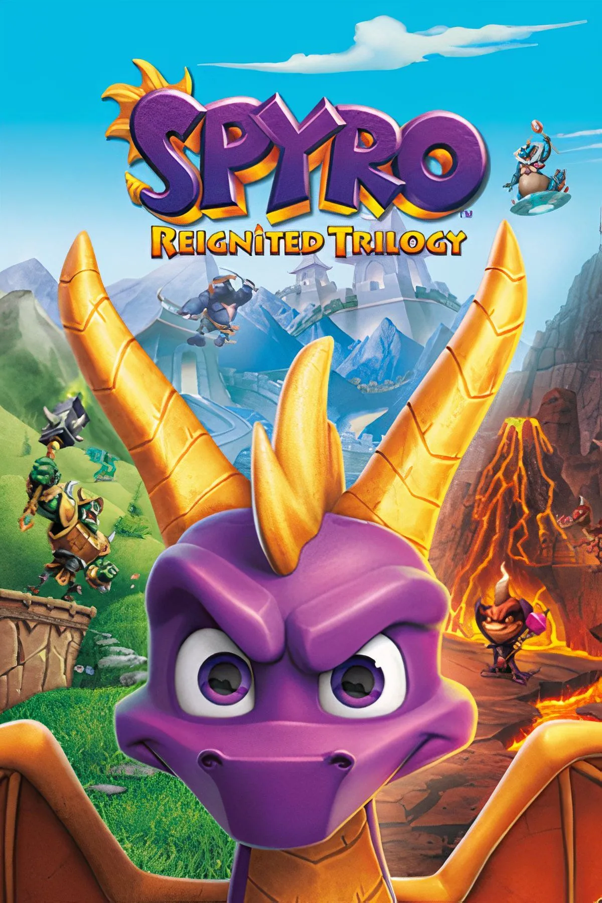 Rồng Spyro bay lượn trên nền phong cảnh tuyệt đẹp trong Spyro Reignited Trilogy, thể hiện đồ họa được làm mới của tựa game platformer phiêu lưu này.