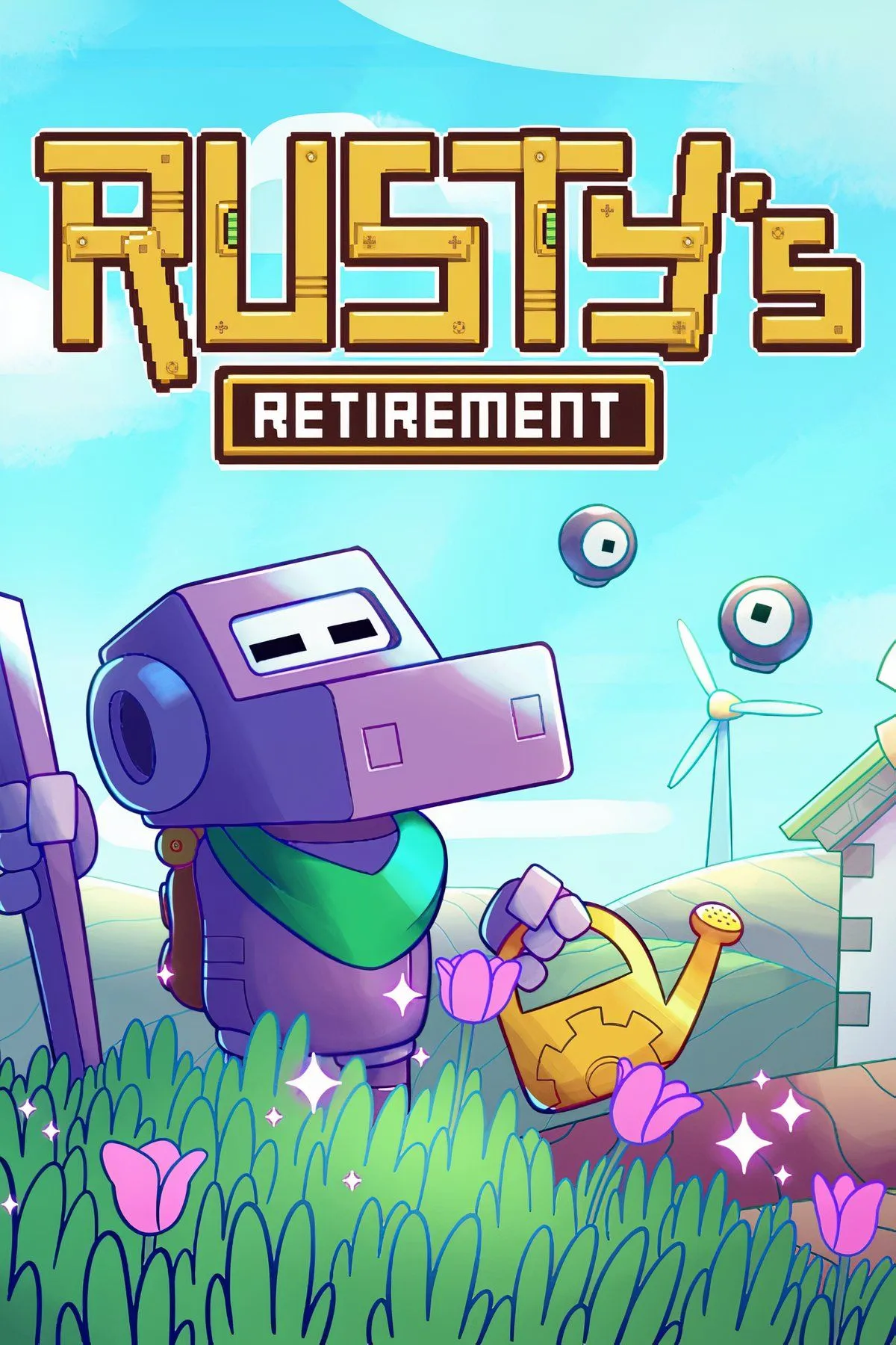 Rusty's Retirement gameplay screenshot showing a robot tending to crops on a small farm.