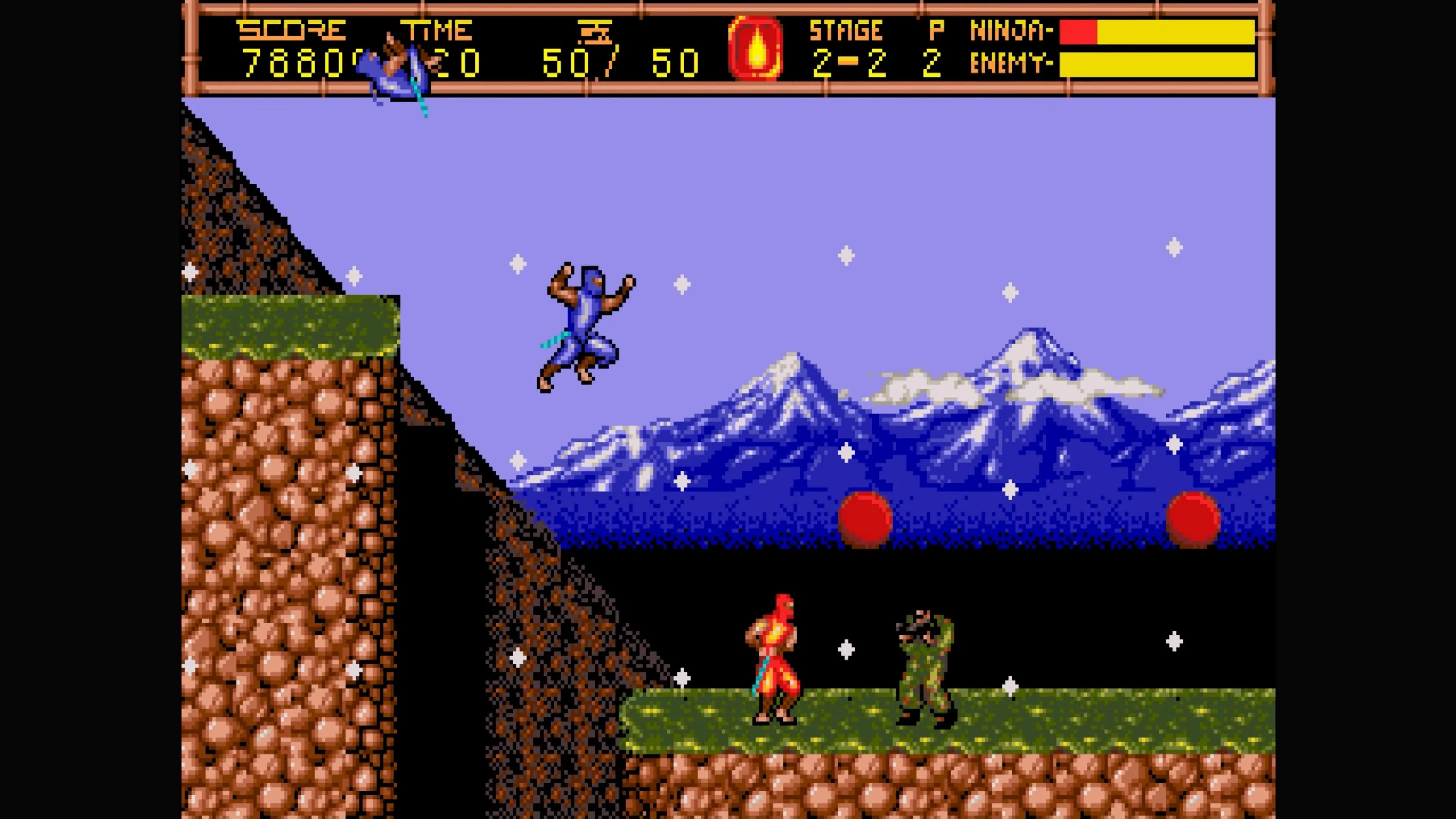 Ryu Hayabusa nhảy khỏi vách đá trong Ninja Gaiden II, thể hiện cơ chế platforming đòi hỏi kỹ năng của game NES.
