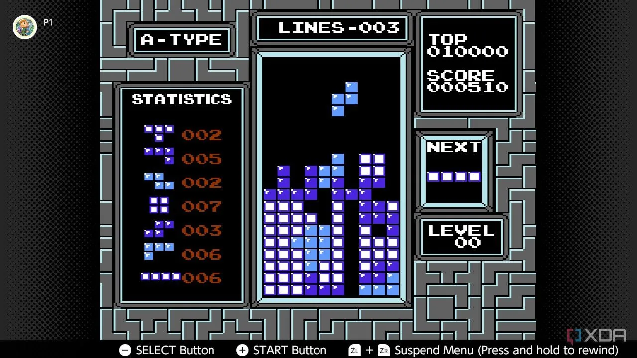 Screenshot của Tetris phiên bản NES, trò chơi giải đố huyền thoại, minh họa các khối rơi và hàng gạch đang được xếp.