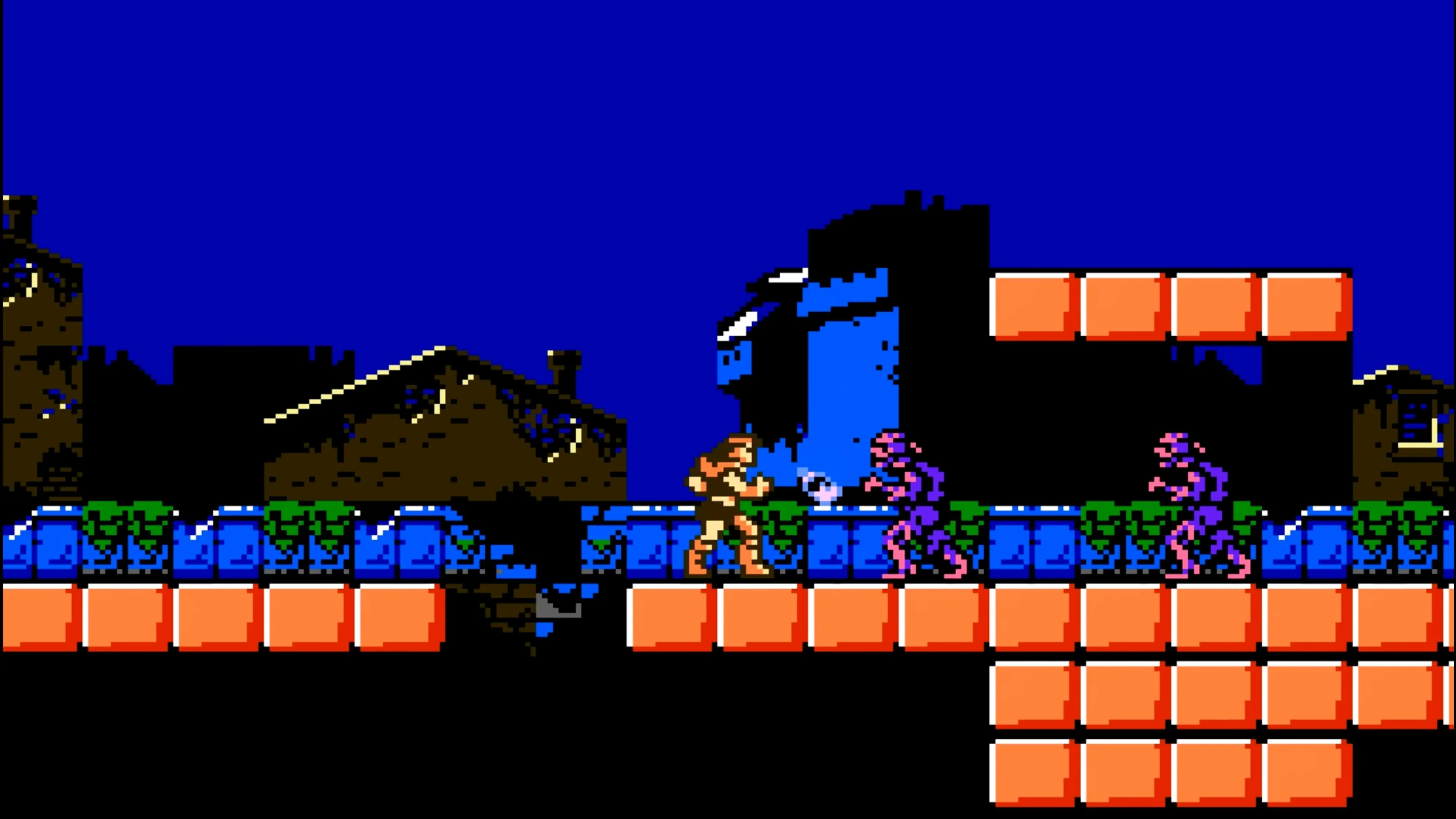 Screenshot gameplay của Castlevania III: Dracula's Curse với Trevor Belmont đang chiến đấu, minh họa lối chơi platformer căng thẳng.