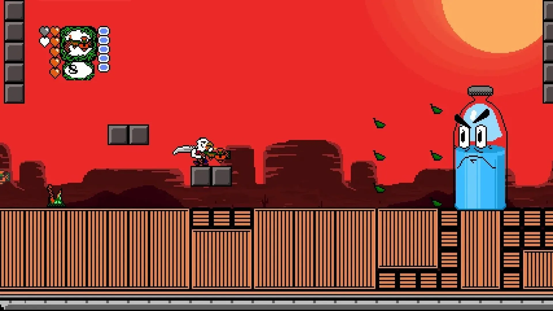 Screenshot gameplay của Revenge of the Bird King với nhân vật Dwayne, người chim đang sử dụng súng trong môi trường platformer 16-bit đầy màu sắc, có cây cối mọc súng.