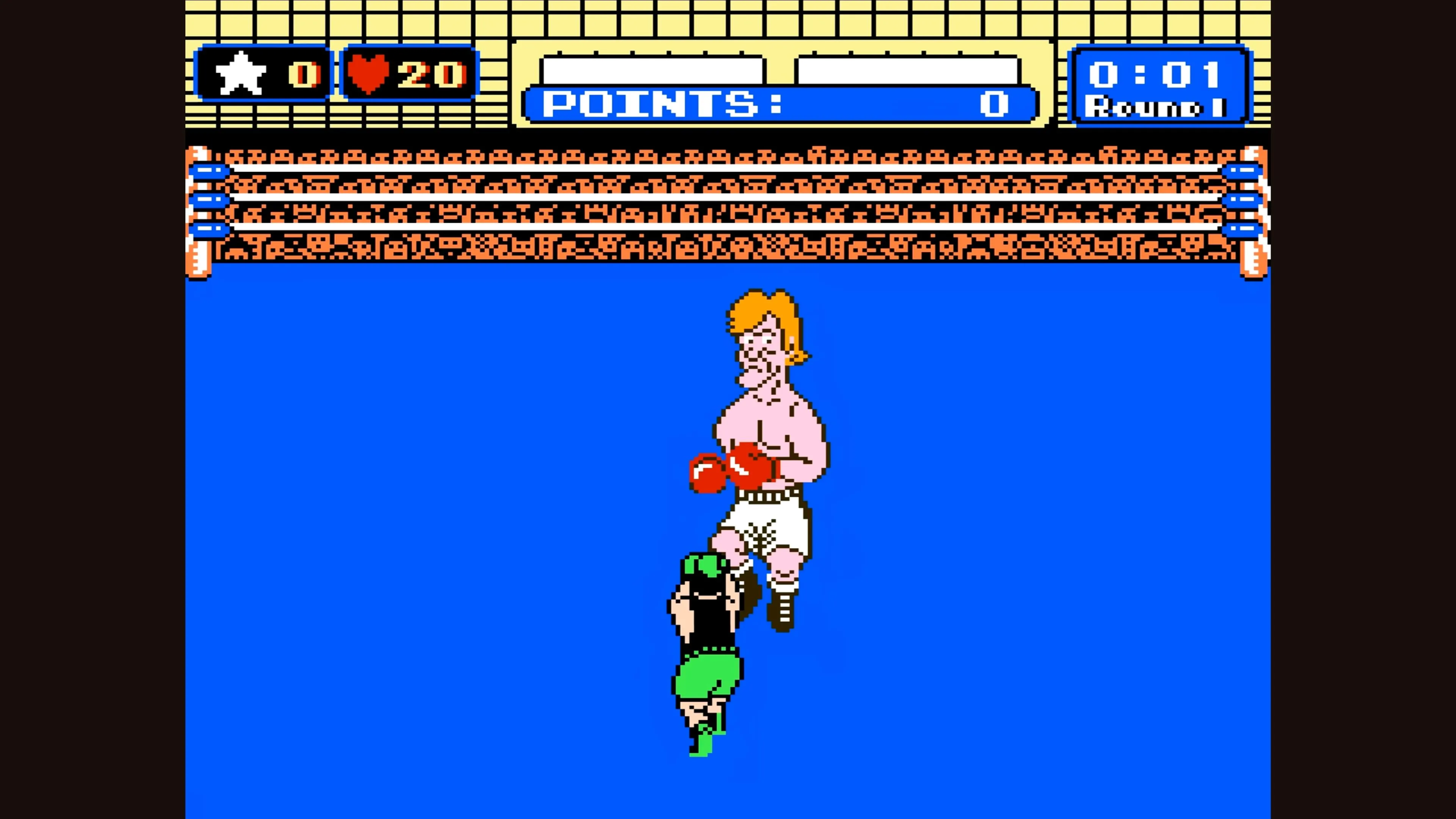 Screenshot gameplay Punch-Out!! với Little Mac đối đầu với một võ sĩ tóc vàng, minh họa cơ chế nhận diện mẫu hình tấn công độc đáo của game NES.