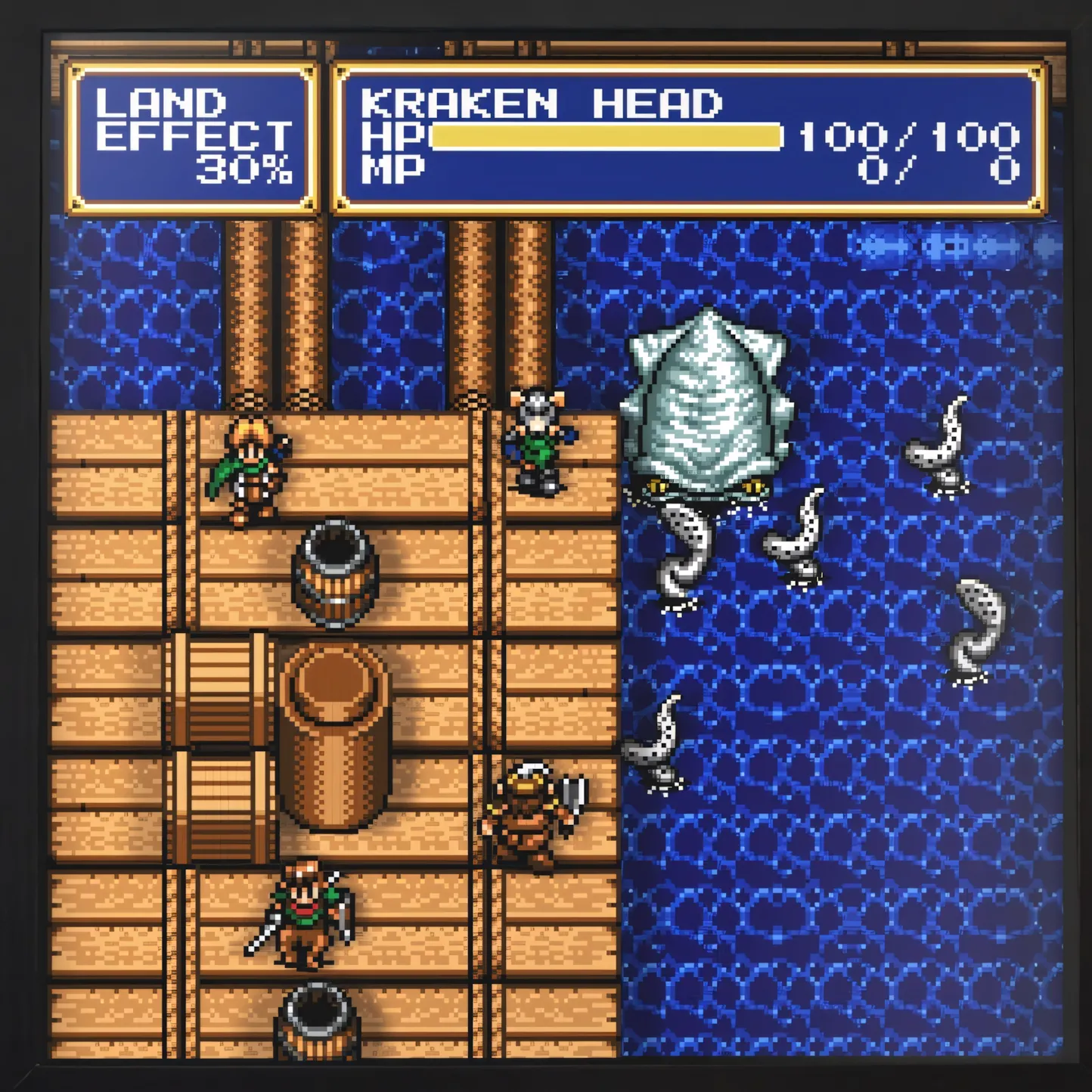 Shining Force 2 với cảnh chiến đấu chiến thuật chống lại quái vật Kraken trên bản đồ game nhập vai