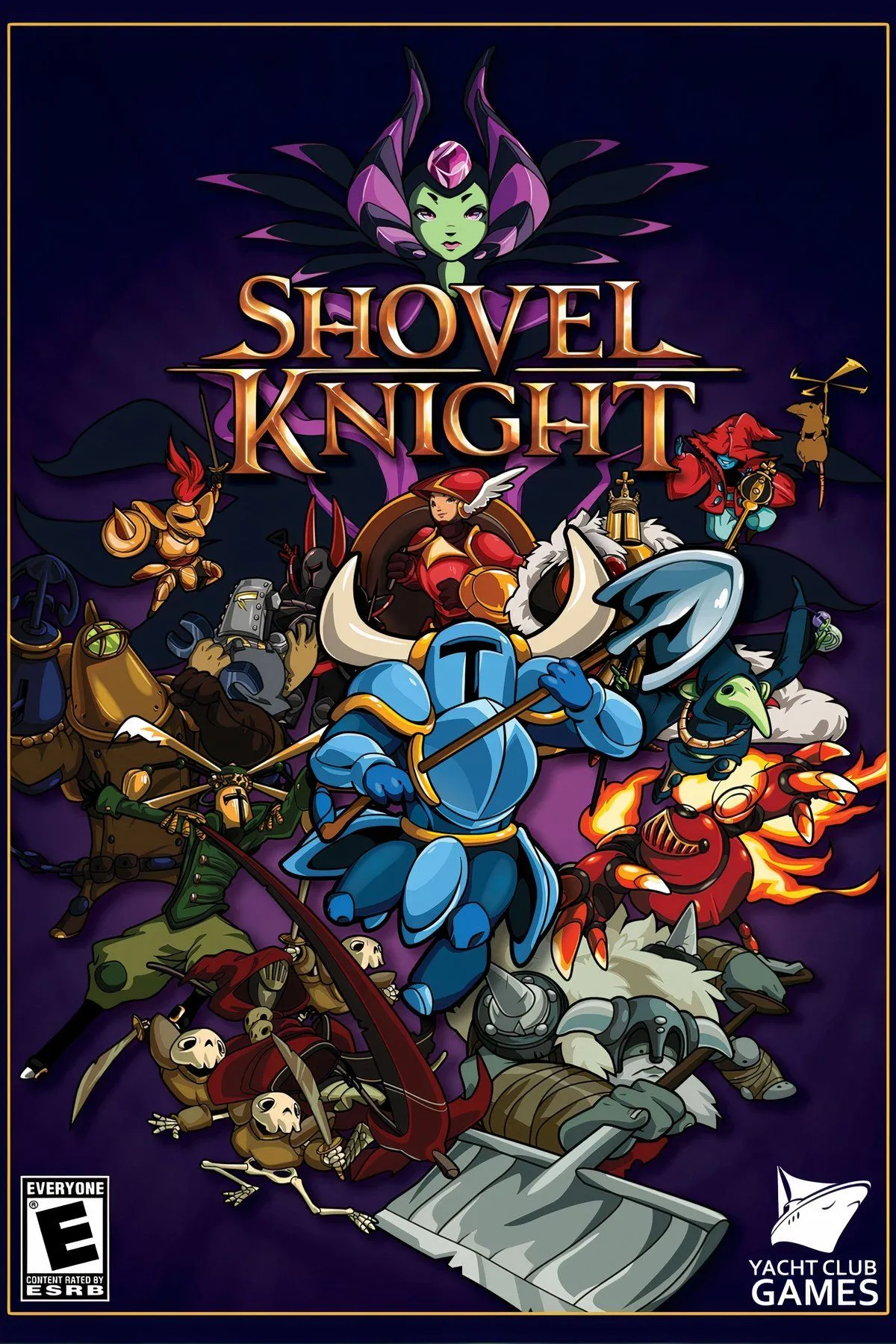 Shovel Knight sử dụng xẻng làm vũ khí trong một cảnh chiến đấu đầy màu sắc, thể hiện phong cách đồ họa retro 8-bit của game platformer Shovel Knight.