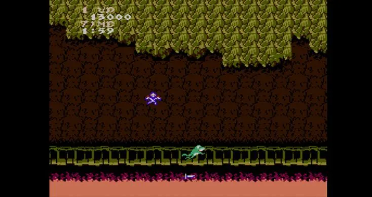 Sir Arthur nhảy và tấn công một con quái vật trong Ghosts 'n Goblins, thể hiện lối chơi platformer