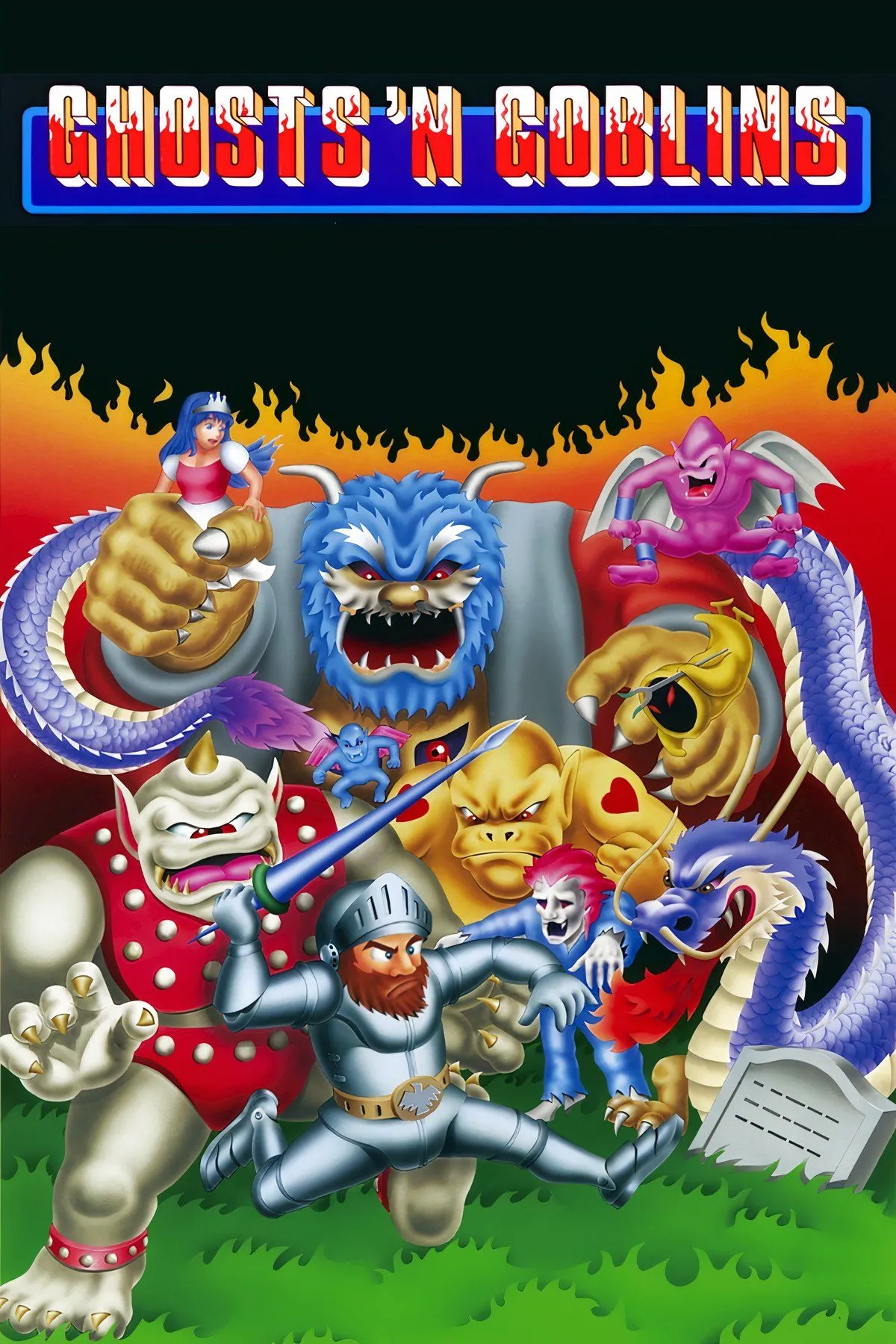Sir Arthur trong một cảnh chiến đấu đầy thử thách của Ghosts 'n Goblins, thể hiện đồ họa pixel cổ điển