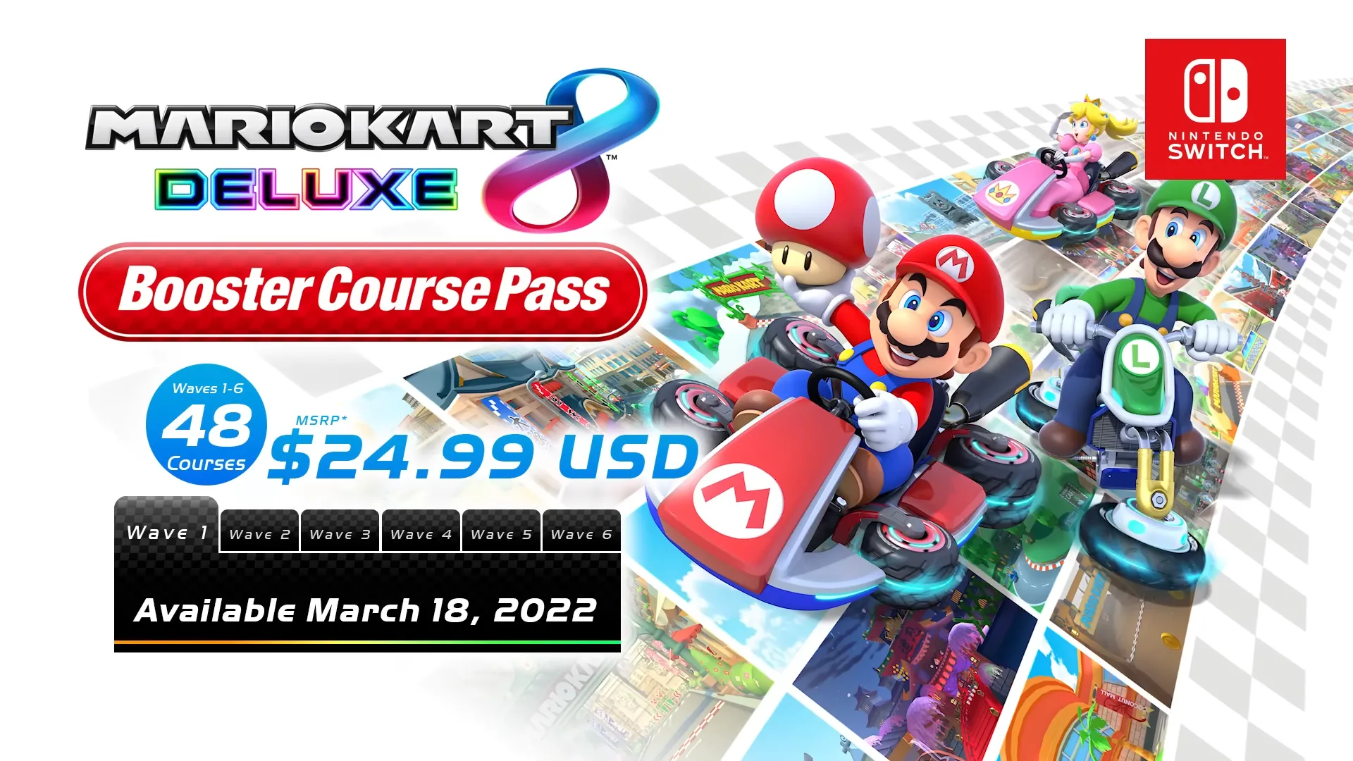 Sơ đồ minh họa nội dung của Booster Course Pass cho Mario Kart 8 Deluxe trên Nintendo Switch