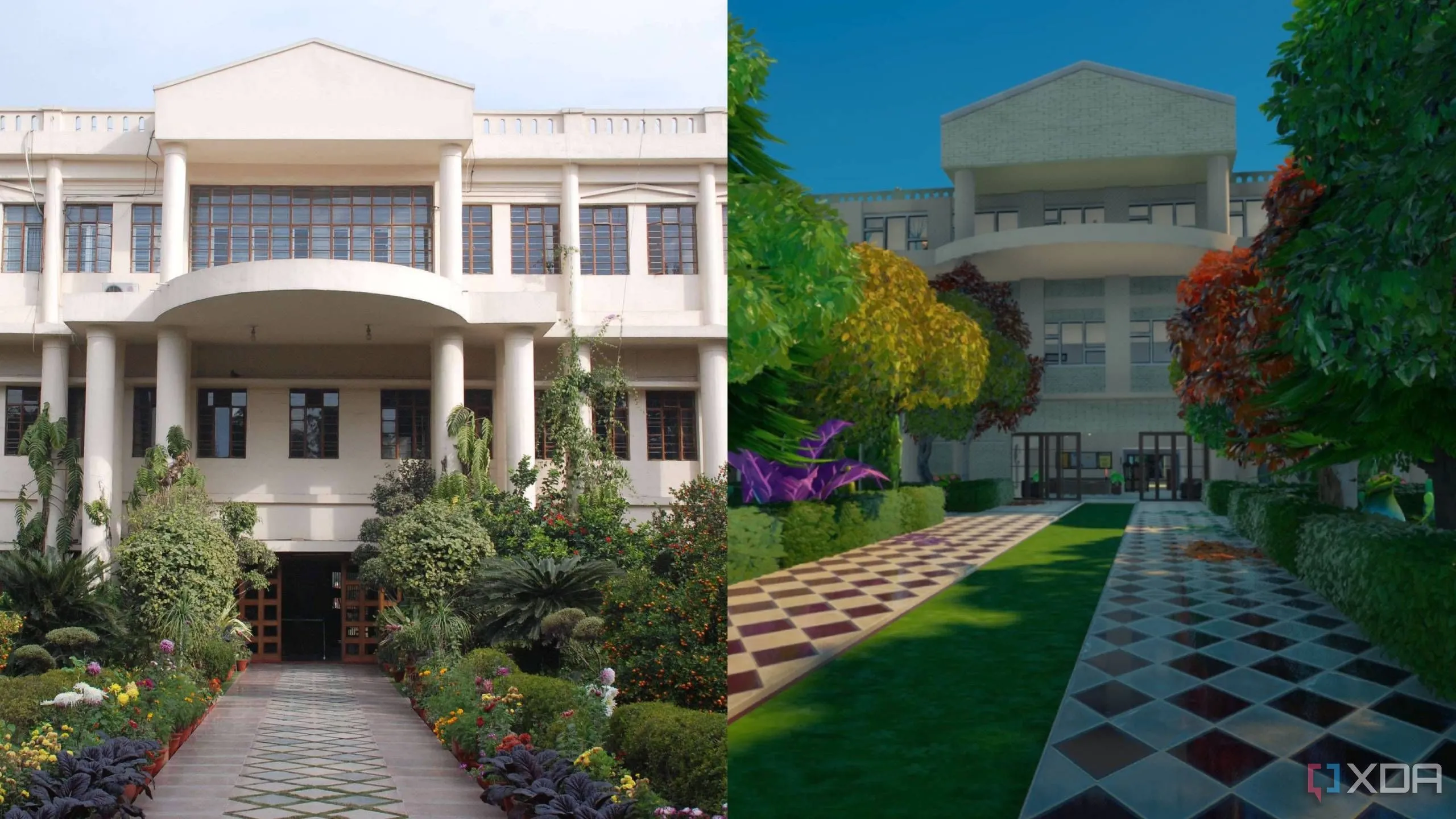 So sánh đối chiếu mặt tiền ngôi trường cấp ba ngoài đời thực và bản sao được xây dựng chi tiết trong Fortnite bằng Unreal Editor.
