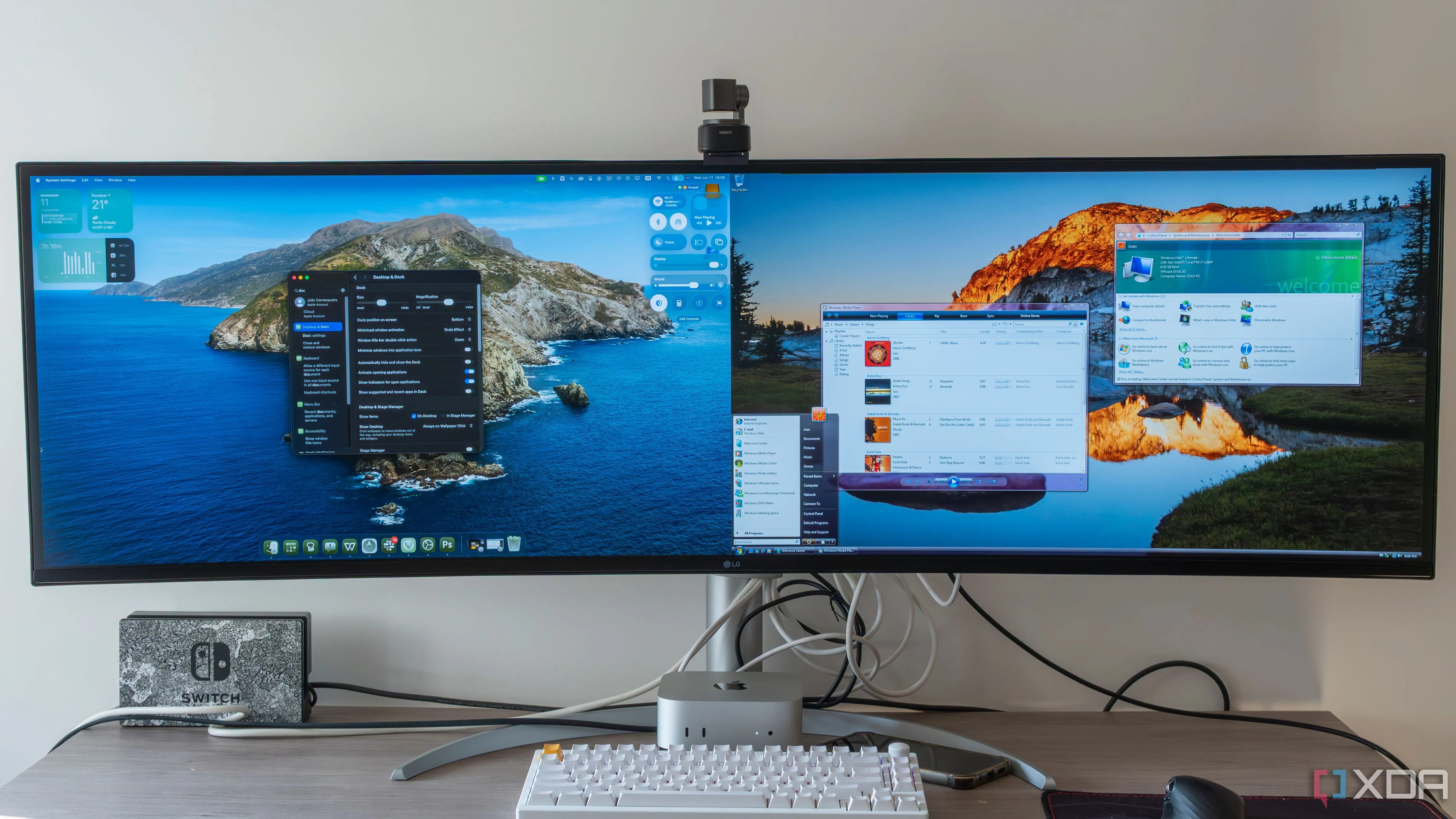 So sánh giao diện Liquid Glass của macOS 26 Tahoe và Windows Vista trên màn hình ultrawide
