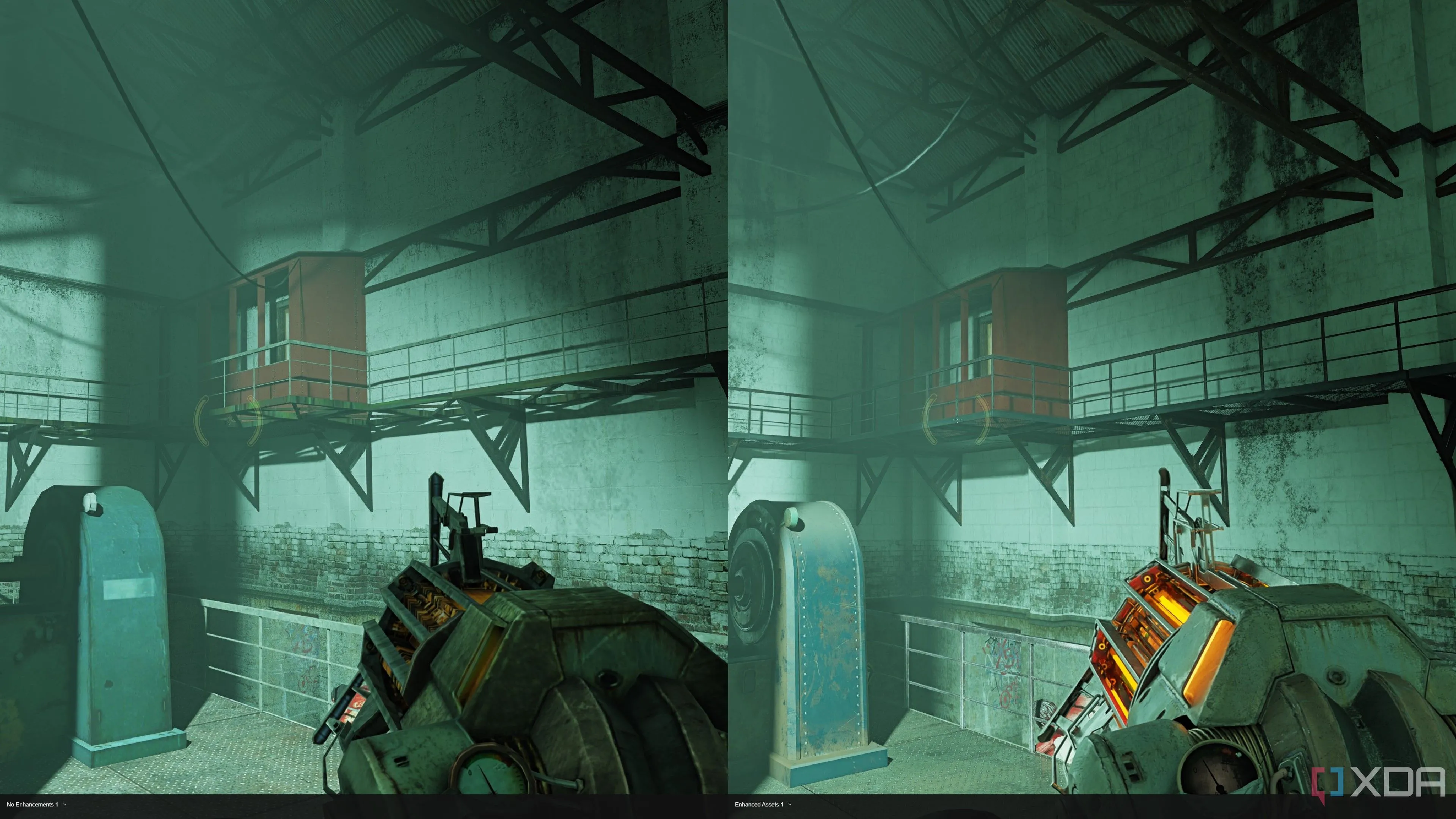 So sánh khẩu Gravity Gun và chi tiết sàn lưới trong Half-Life 2 RTX, thể hiện sự khác biệt lớn về độ chi tiết và tương tác ánh sáng giữa bản gốc và bản nâng cấp.