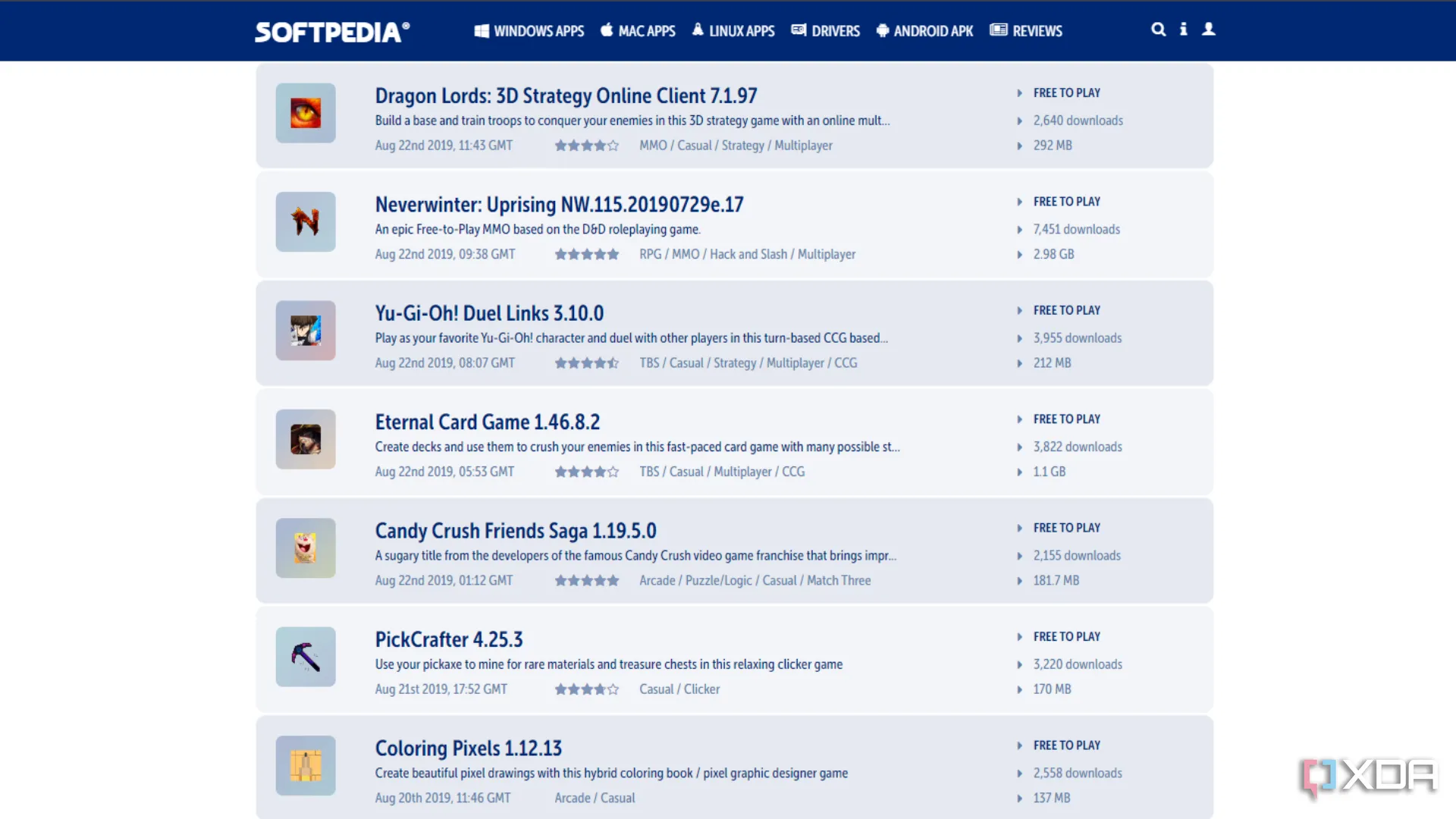Softpedia hiển thị danh mục các tựa game miễn phí đa dạng thể loại.
