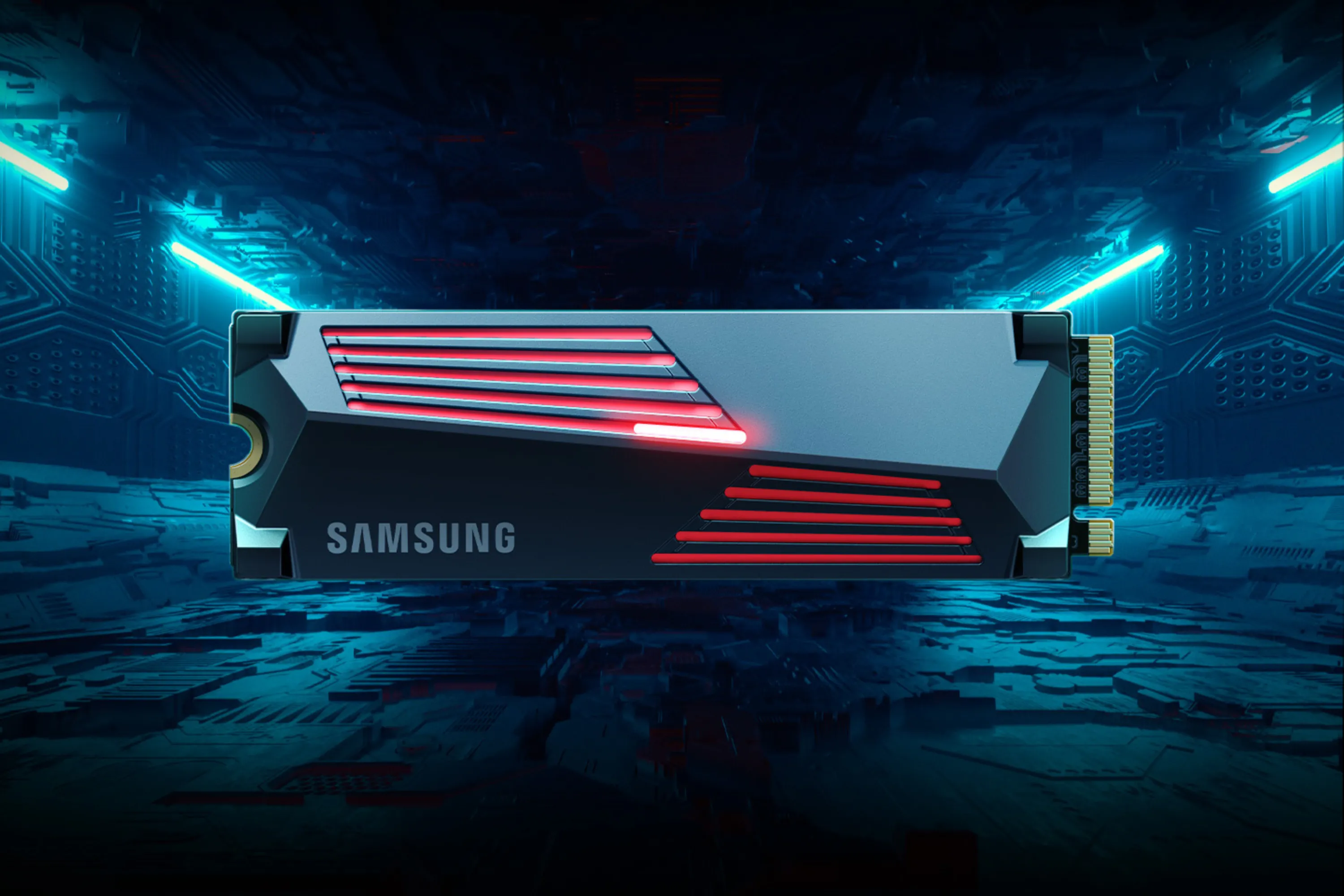 SSD Samsung 990 Pro với tản nhiệt hoạt động trên nền công nghệ, thể hiện tốc độ đọc ghi ấn tượng của chuẩn PCIe Gen4.