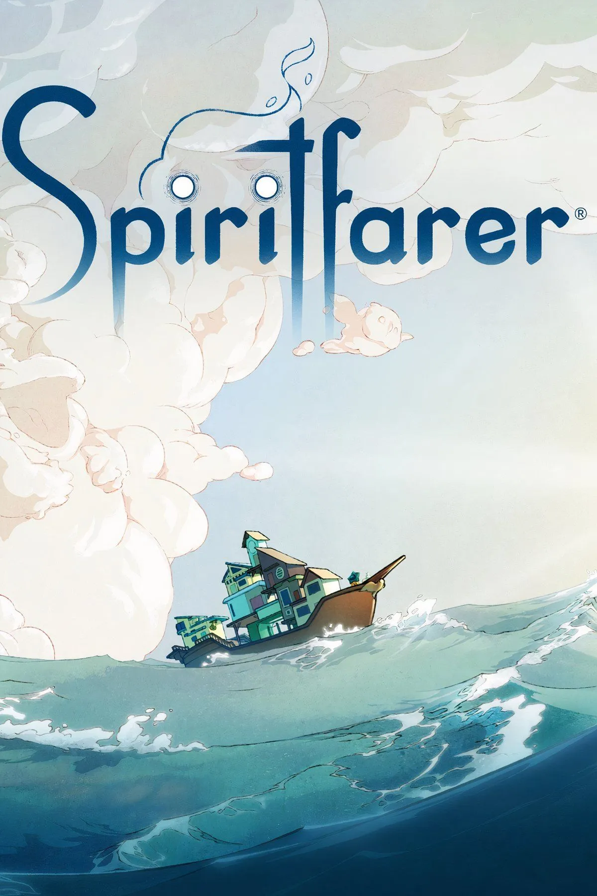 Stella và mèo Daffodil trên chiếc thuyền Spiritfarer đưa linh hồn tới thế giới bên kia, với khung cảnh bầu trời đầy sao và biển cả