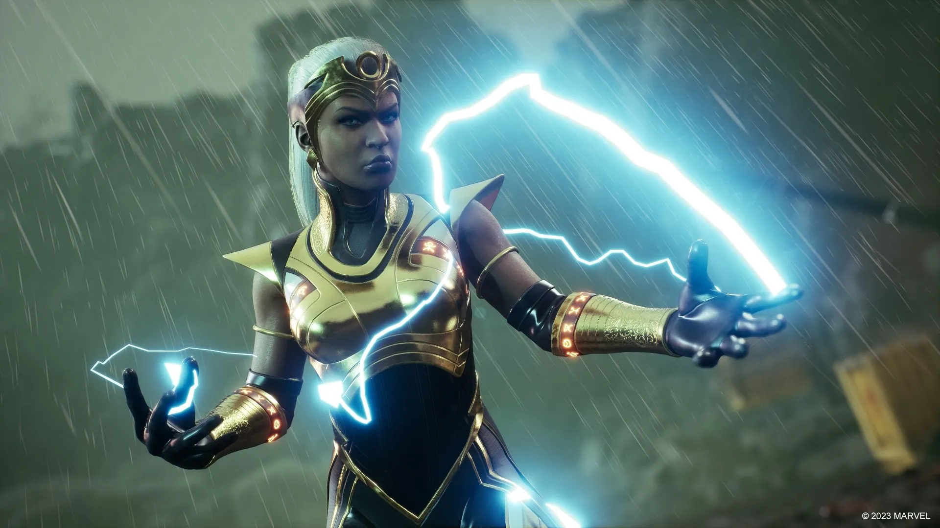 Storm sử dụng sức mạnh trong Marvel's Midnight Suns với trang phục đặc trưng.